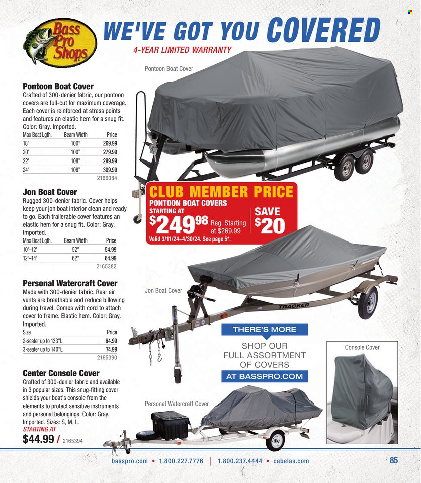 thumbnail - Bass Pro Shops Flyer - Sales products - Snug, boat cover. Page 85.