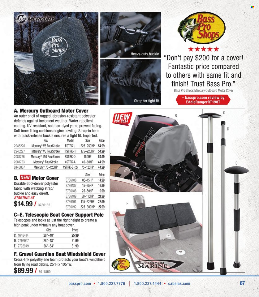 thumbnail - Bass Pro Shops Flyer - Sales products - Trust, cushion, Bass Pro, boat cover, strap, Shell. Page 87.