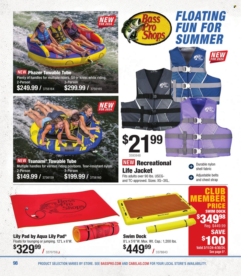 thumbnail - Bass Pro Shops Flyer - Sales products - Bass Pro, life jacket, tow tube, strap, Shell. Page 98.