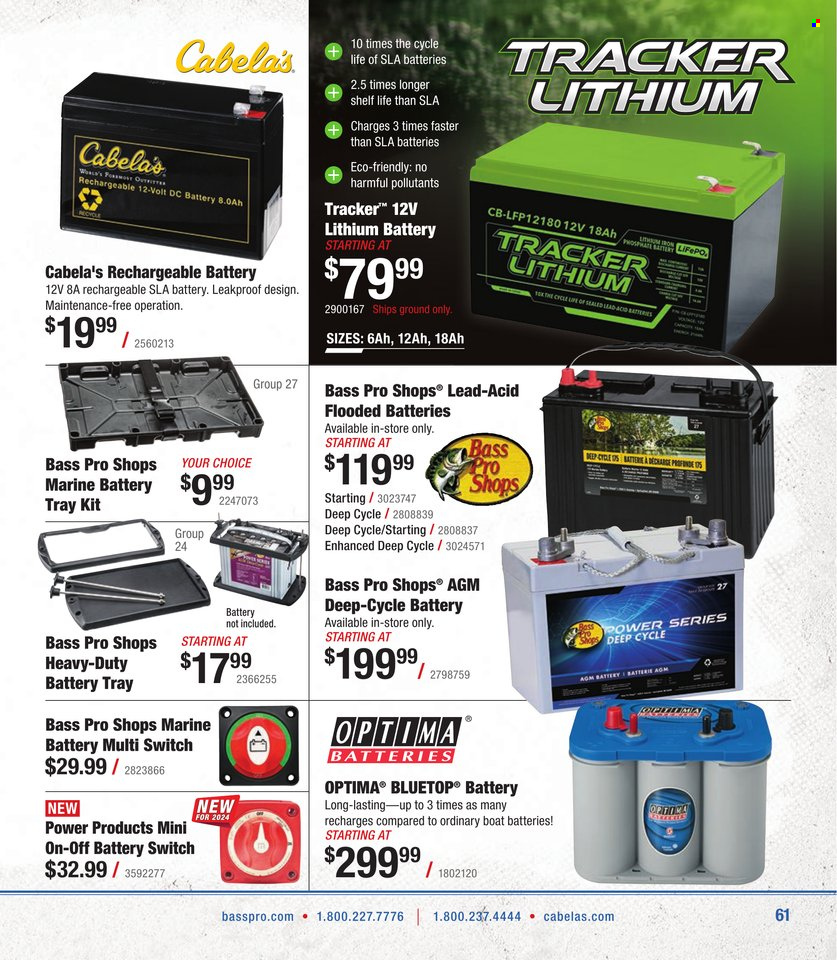 thumbnail - Cabela's Flyer - Sales products - rechargeable battery, shelves, Bass Pro, boat. Page 61.