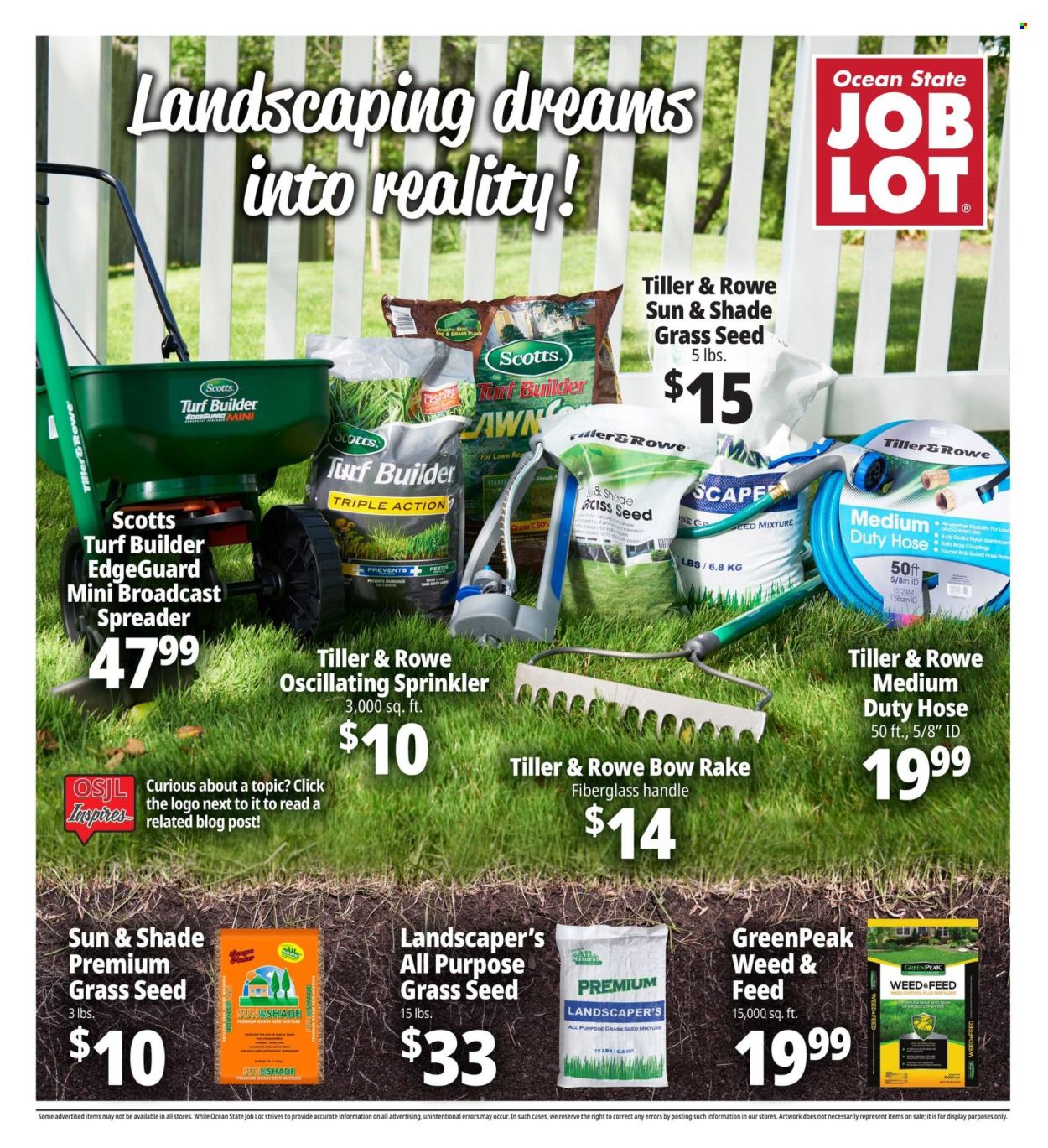 thumbnail - Ocean State Job Lot Flyer - 03/14/2024 - 05/22/2024 - Sales products - plug, spreader, faucet, grass seed, fertilizer, turf builder, weed control, garden sprinkler, rake. Page 1.