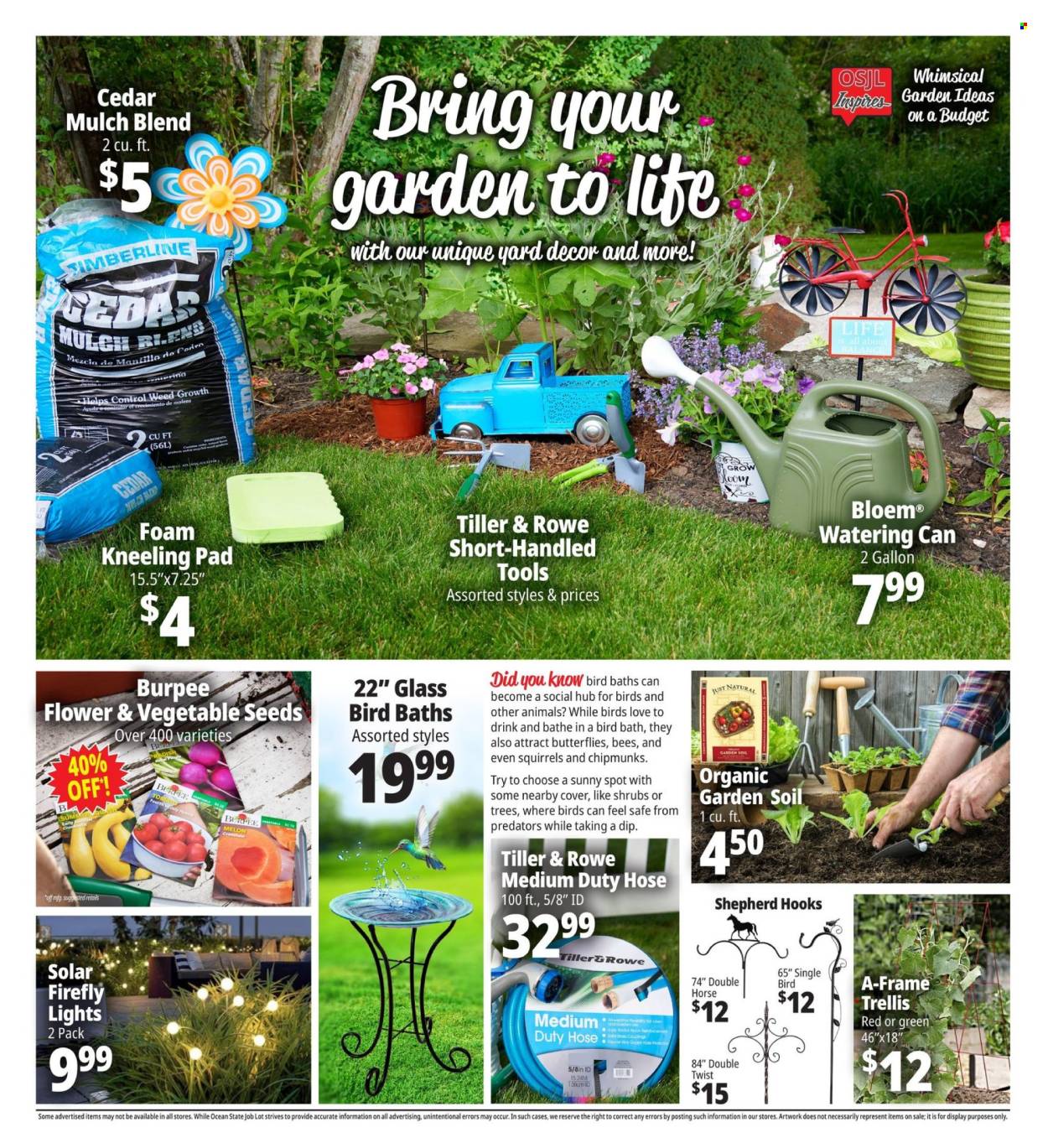 thumbnail - Ocean State Job Lot Flyer - 03/14/2024 - 05/22/2024 - Sales products - dip, hook, gallon, safe, bird bath, knee pads, watering can, garden soil, vegetable seeds, garden mulch. Page 2.