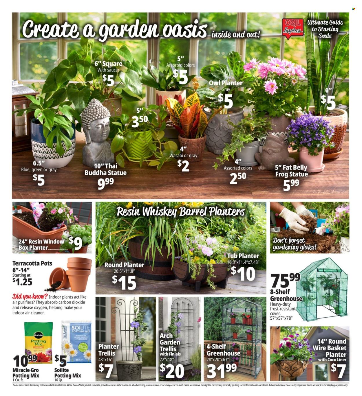 thumbnail - Ocean State Job Lot Flyer - 03/14/2024 - 05/22/2024 - Sales products - wasabi, Planters, cleaner, basket, gloves, pot, statue, owl, greenhouse, houseplant, potting mix, plant pot, garden gloves. Page 3.