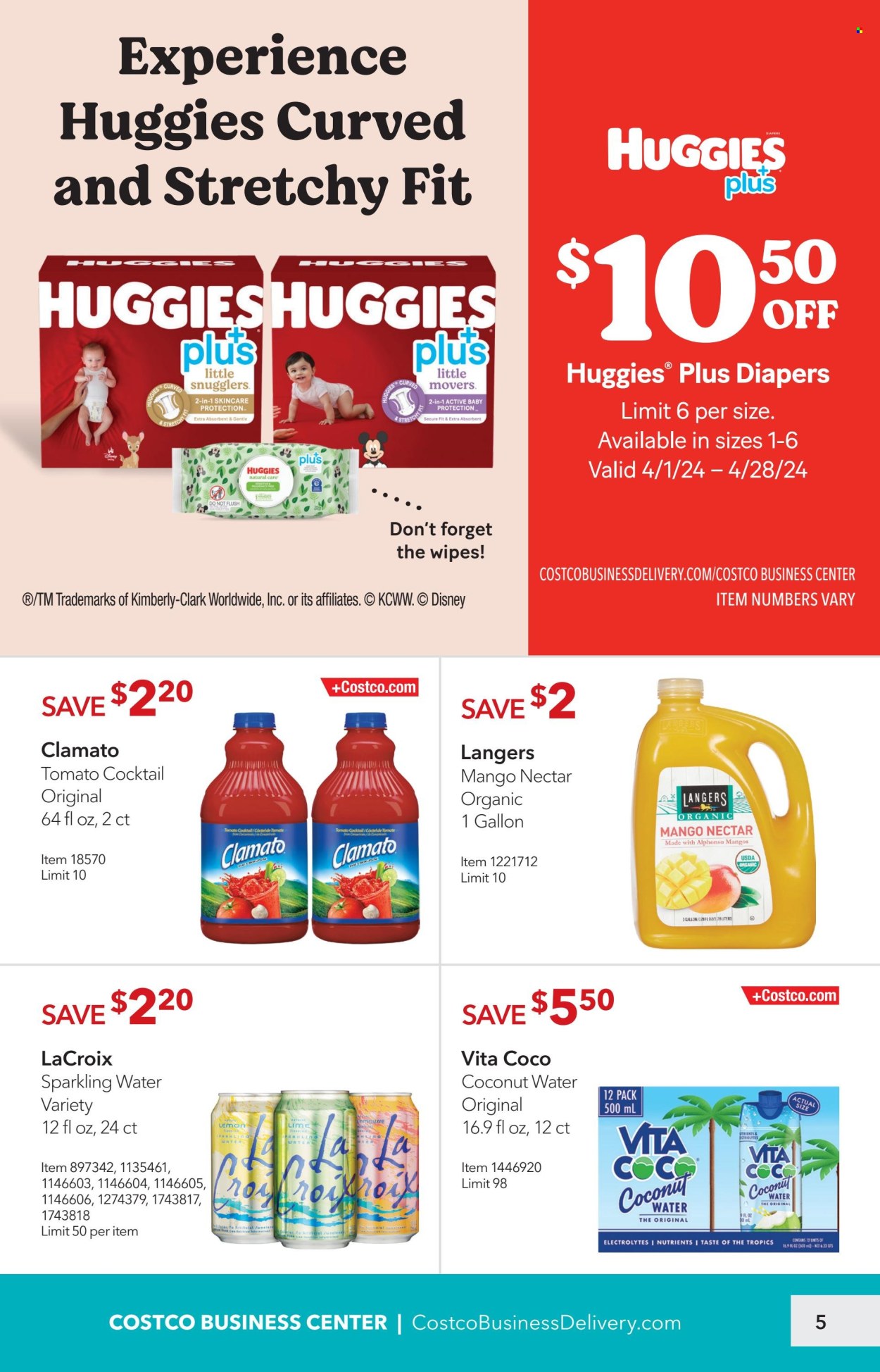 thumbnail - Costco Flyer - 04/01/2024 - 04/28/2024 - Sales products - mango, Disney, tomato juice, fruit nectar, Clamato, coconut water, sparkling water, wipes, Huggies, nappies, gallon. Page 5.