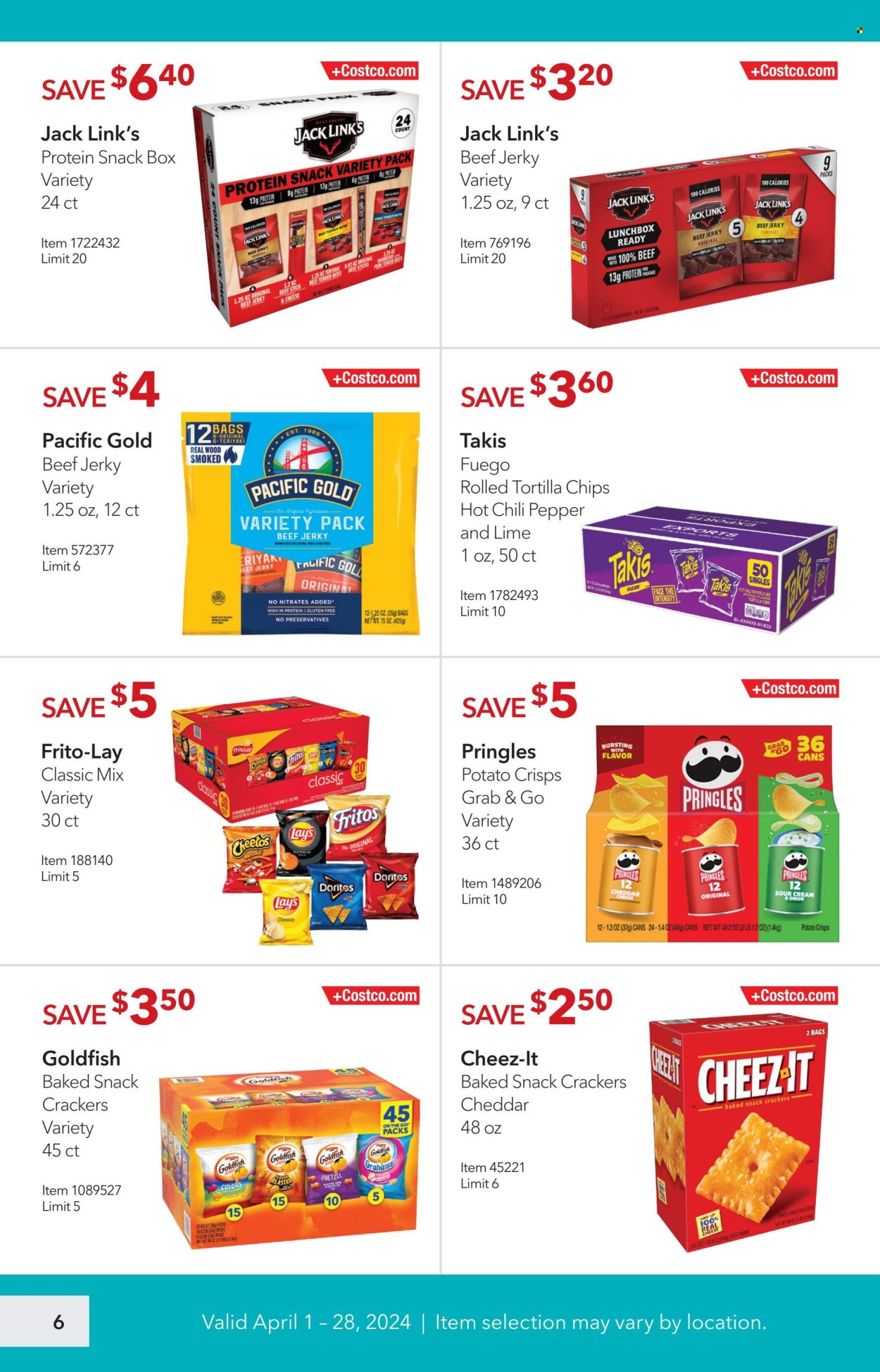 thumbnail - Costco Flyer - 04/01/2024 - 04/28/2024 - Sales products - pretzels, snack, beef jerky, jerky, beef sticks, protein snack, crackers, Doritos, Fritos, tortilla chips, potato crisps, Pringles, Cheetos, chips, Lay’s, Goldfish, Frito-Lay, Cheez-It, Jack Link's, salty snack, crisps, beef tenderloin, meal box. Page 6.