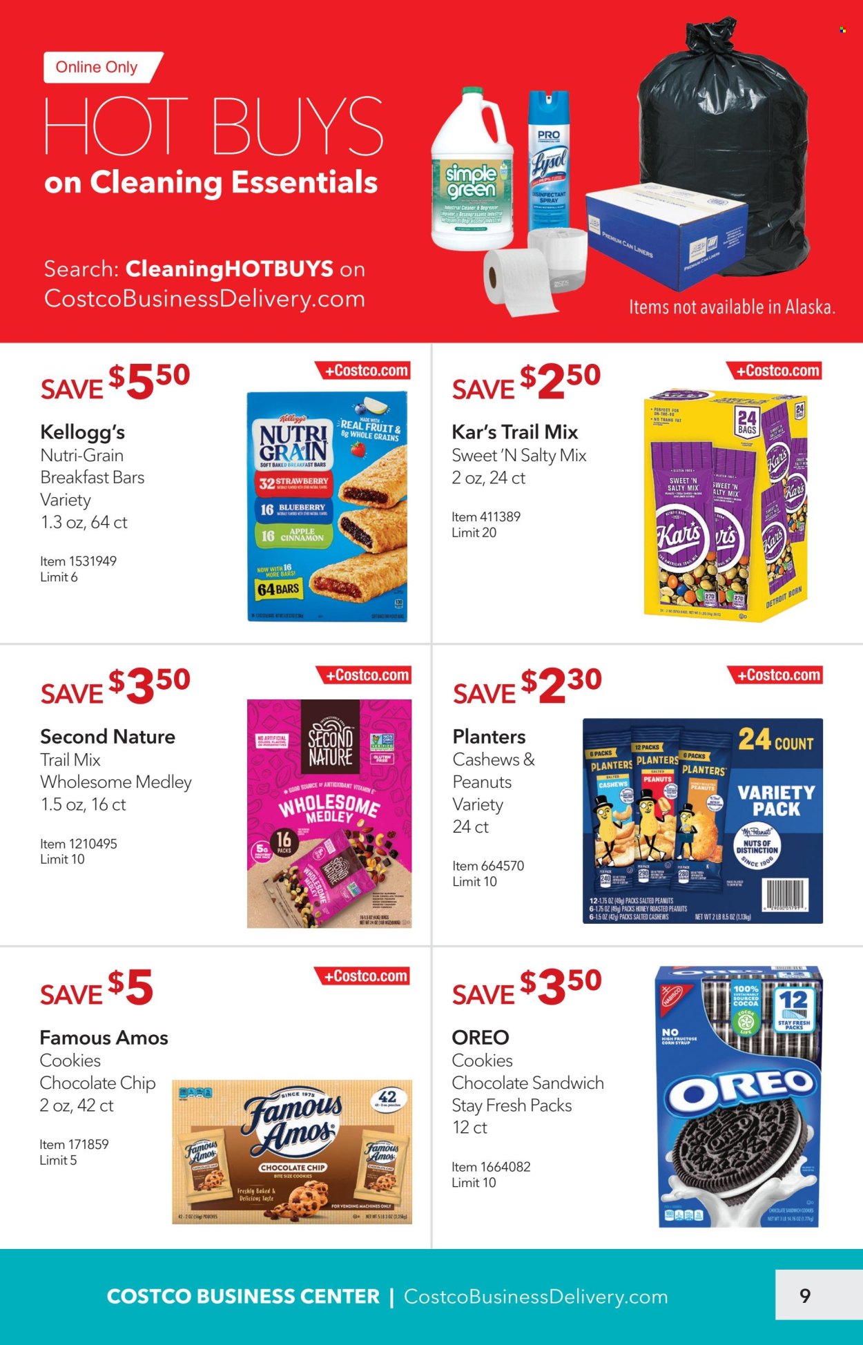 thumbnail - Costco Flyer - 04/01/2024 - 04/28/2024 - Sales products - Oreo, sandwich cookies, cookies, Kellogg's, Nabisco, breakfast bar, bars, cereals, Nutri-Grain, cinnamon, corn syrup, syrup, cashews, roasted peanuts, peanuts, Planters, trail mix, cleaner, Lysol. Page 9.