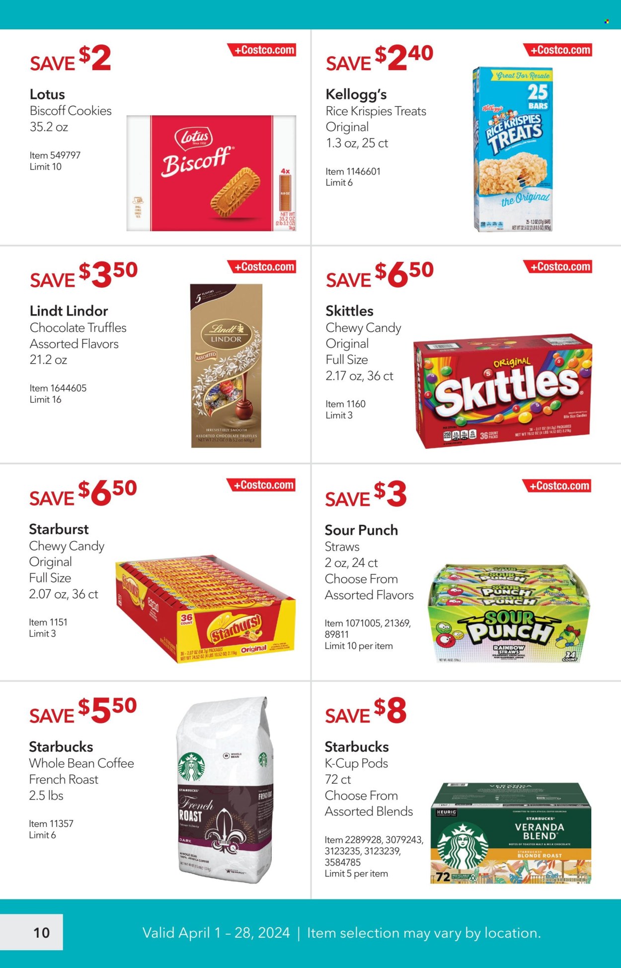 thumbnail - Costco Flyer - 04/01/2024 - 04/28/2024 - Sales products - Lotus, cookies, Lindt, Lindor, truffles, Kellogg's, Skittles, Starburst, Candy, malt, coffee, Starbucks, coffee beans, coffee capsules, K-Cups, Keurig, straw, candle. Page 10.