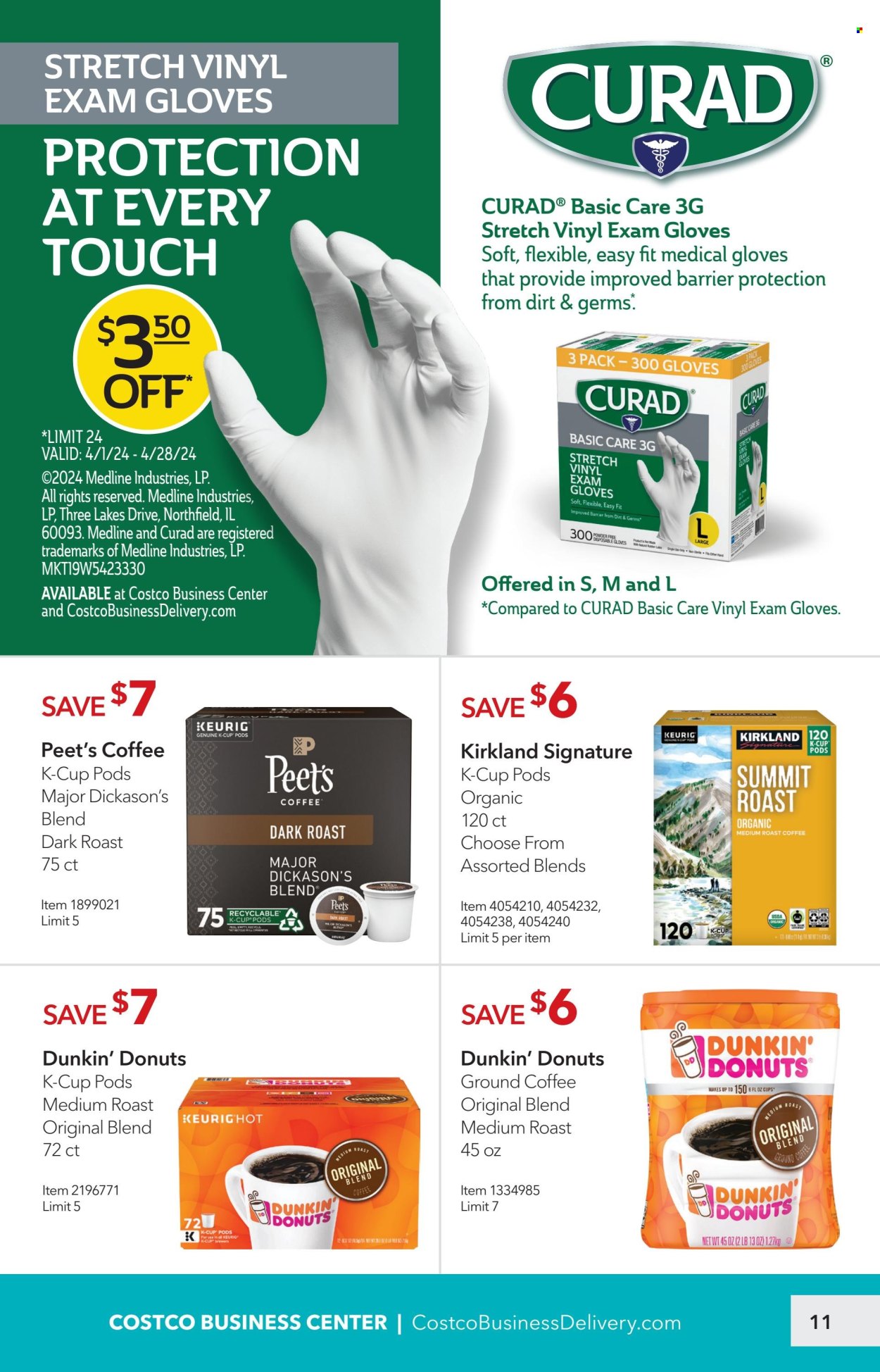 thumbnail - Costco Flyer - 04/01/2024 - 04/28/2024 - Sales products - donut, Dunkin' Donuts, brewer, coffee, ground coffee, coffee capsules, K-Cups, Keurig, gloves, disposable gloves, vinyl. Page 11.