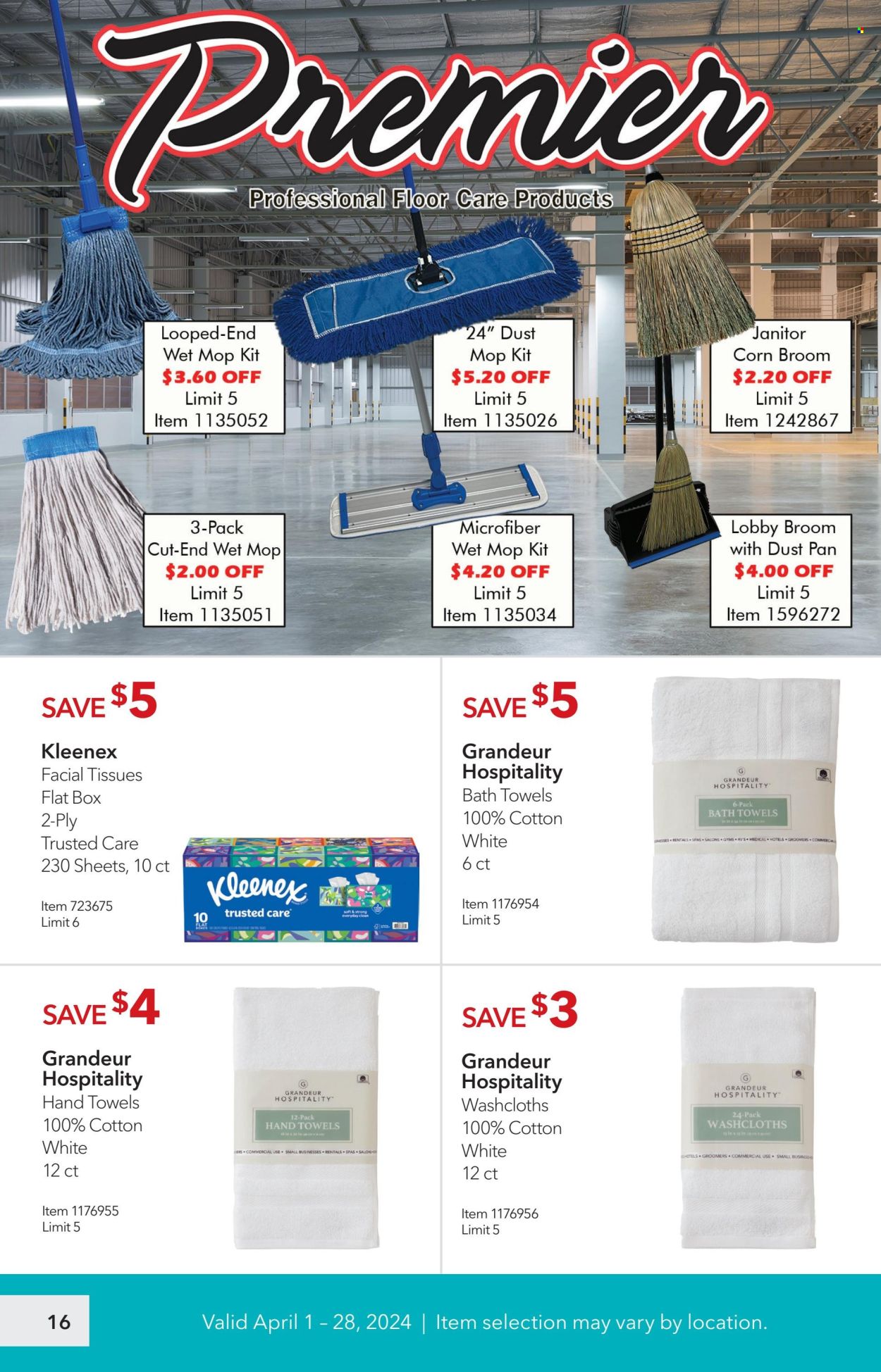 thumbnail - Costco Flyer - 04/01/2024 - 04/28/2024 - Sales products - corn, Kleenex, hand towel, tissues, floor cleaner, facial tissues, mop, broom, bath towel. Page 16.