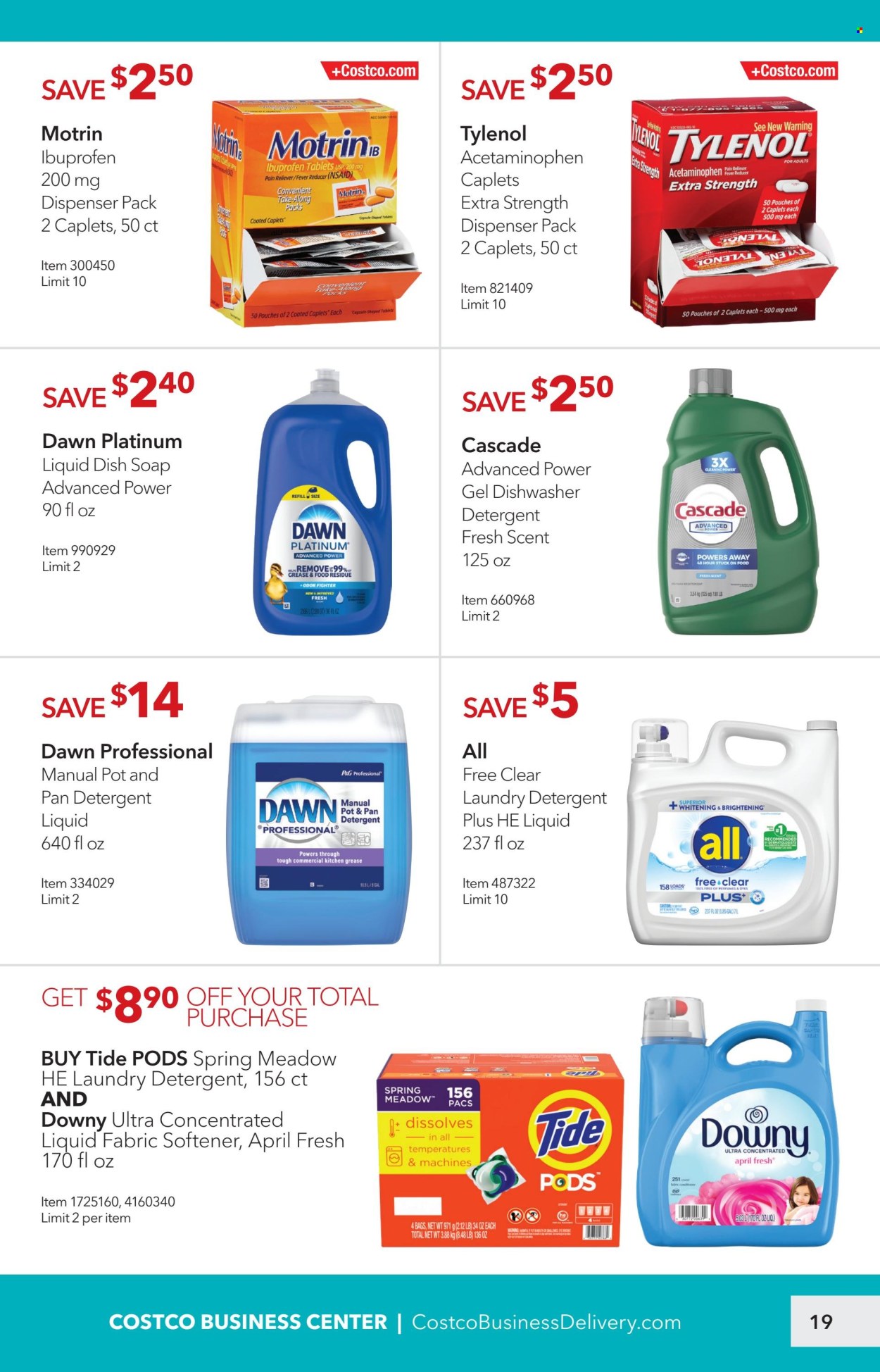 thumbnail - Costco Flyer - 04/01/2024 - 04/28/2024 - Sales products - detergent, Cascade, Tide, fabric softener, laundry detergent, Downy Laundry, dishwashing liquid, dishwasher cleaner, dispenser, pot, pan, pain relief, Tylenol, Ibuprofen, Motrin, pain therapy. Page 19.