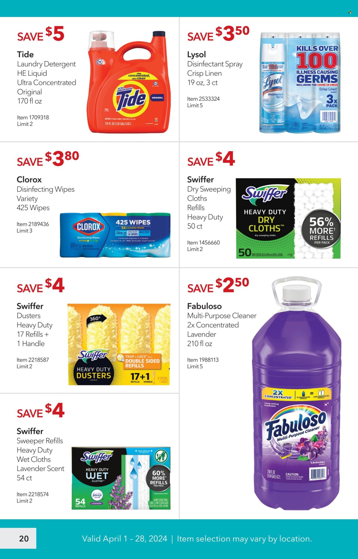 thumbnail - Costco Flyer - 04/01/2024 - 04/28/2024 - Sales products - cleansing wipes, wipes, detergent, Febreze, cleaner, desinfection, antibacterial spray, all purpose cleaner, Lysol, Clorox, Fabuloso, Swiffer, Tide, laundry detergent, duster, mop pad, cloths, linens, lavender. Page 20.
