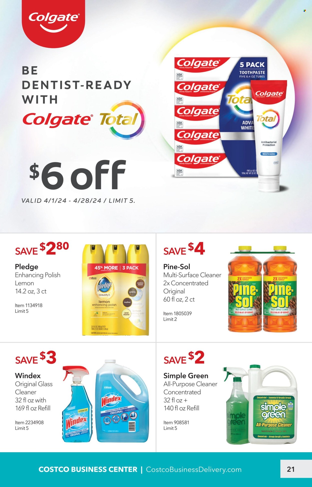 thumbnail - Costco Flyer - 04/01/2024 - 04/28/2024 - Sales products - lemons, Windex, surface cleaner, cleaner, all purpose cleaner, glass cleaner, Pine-Sol, Pledge, Colgate, toothpaste, polish. Page 21.