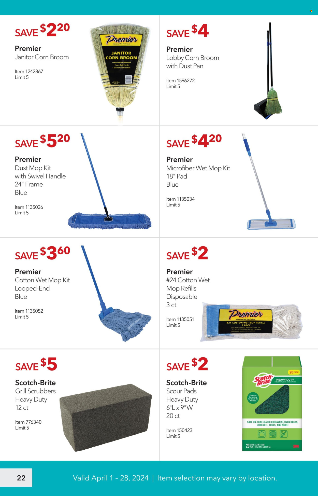 thumbnail - Costco Flyer - 04/01/2024 - 04/28/2024 - Sales products - corn, pads, floor cleaner, broom, mop pad, safe, cookware set, oven, grill. Page 22.