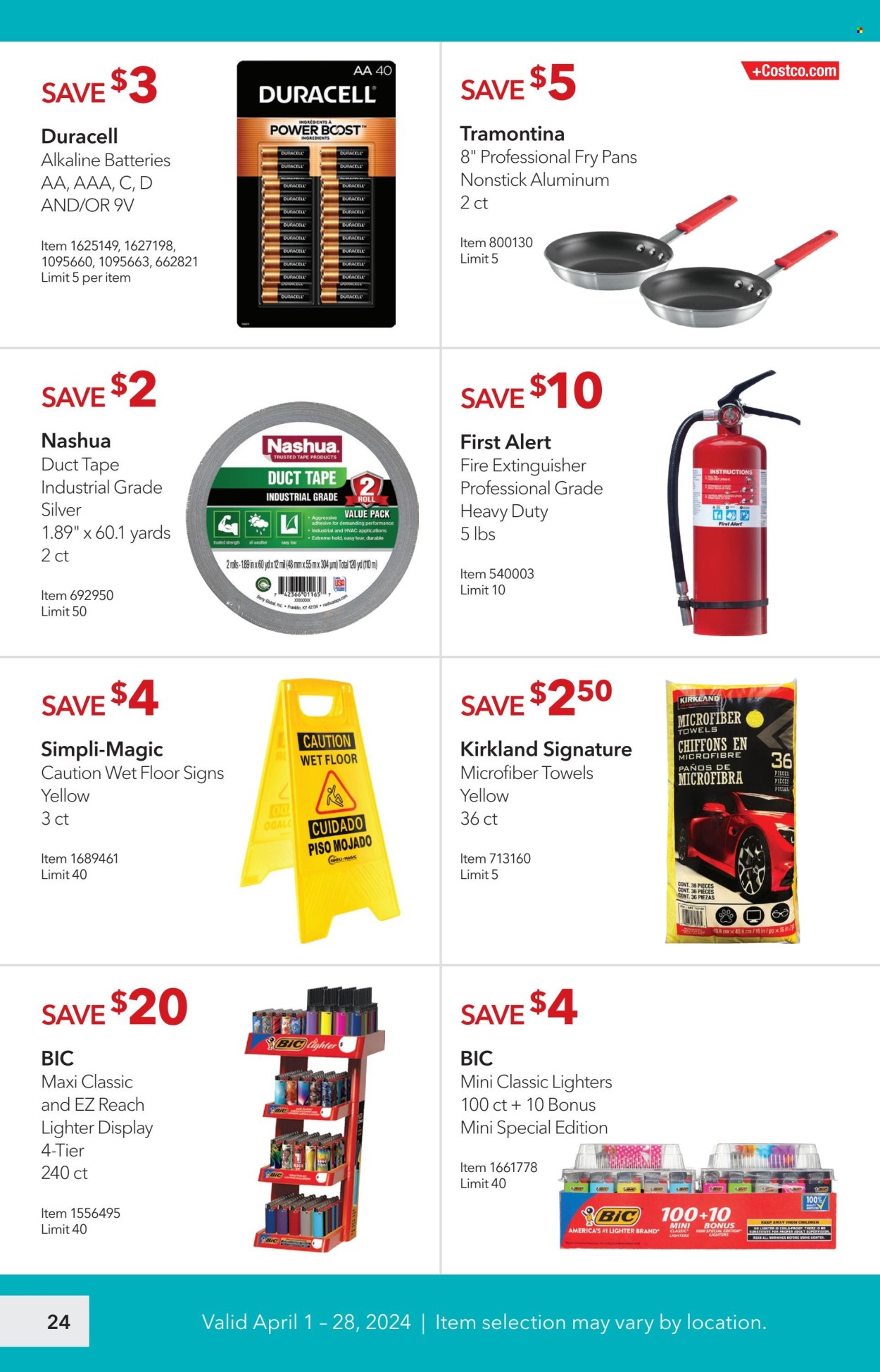 thumbnail - Costco Flyer - 04/01/2024 - 04/28/2024 - Sales products - extinguisher, microfiber towel, pan, frying pan, battery, Duracell, AAA batteries, aa batteries, alkaline batteries, towel, adhesive, duct tape. Page 24.