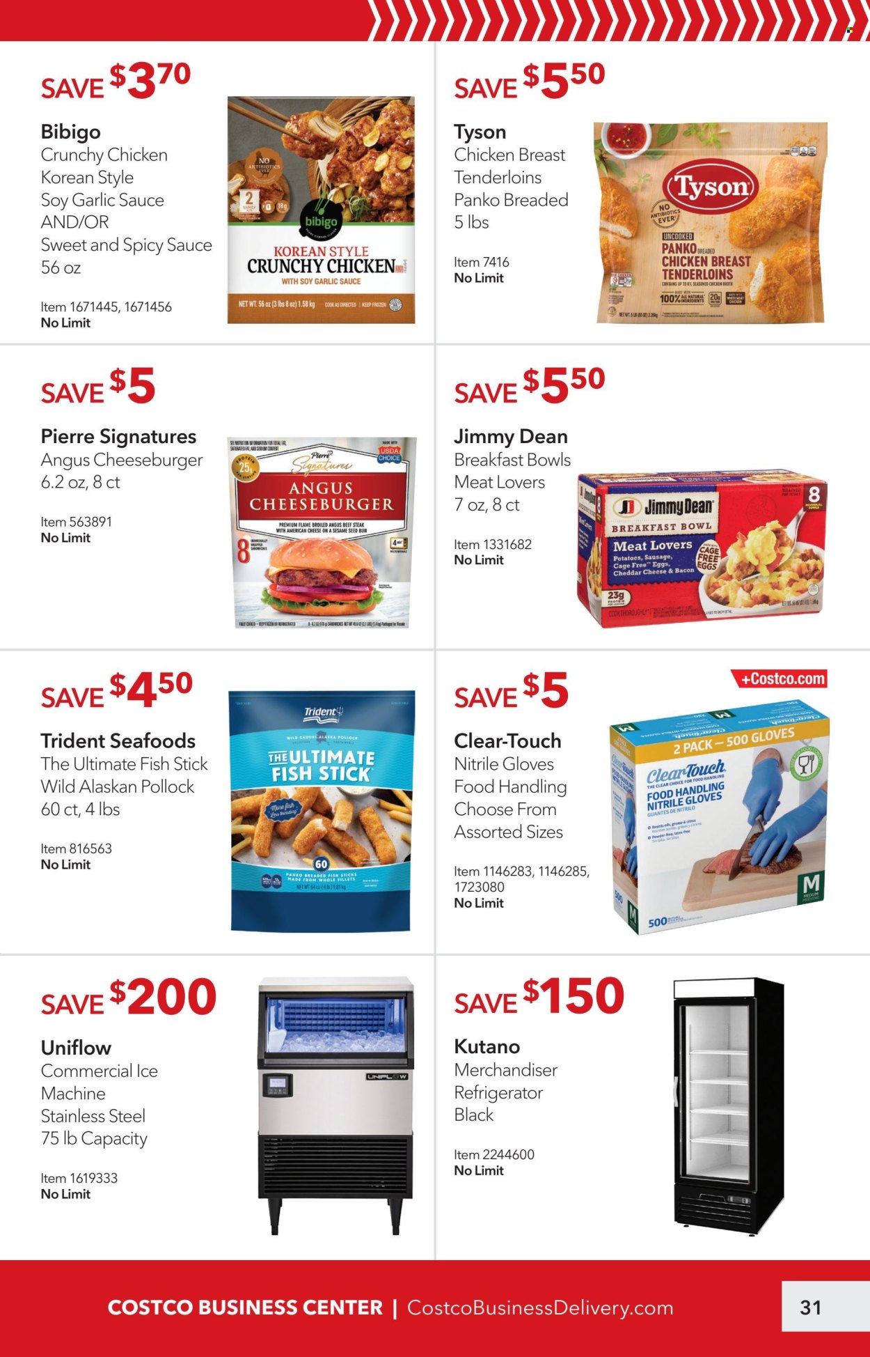 thumbnail - Costco Flyer - 04/01/2024 - 04/28/2024 - Sales products - pollock, cheeseburger, breakfast bowl, breaded fish, fish sticks, Jimmy Dean, ready meal, breaded chicken, sausage, american cheese, cheddar, eggs, cage free eggs, Trident, sesame seed, garlic sauce, beef meat, beef steak, steak, refrigerator, fridge. Page 31.