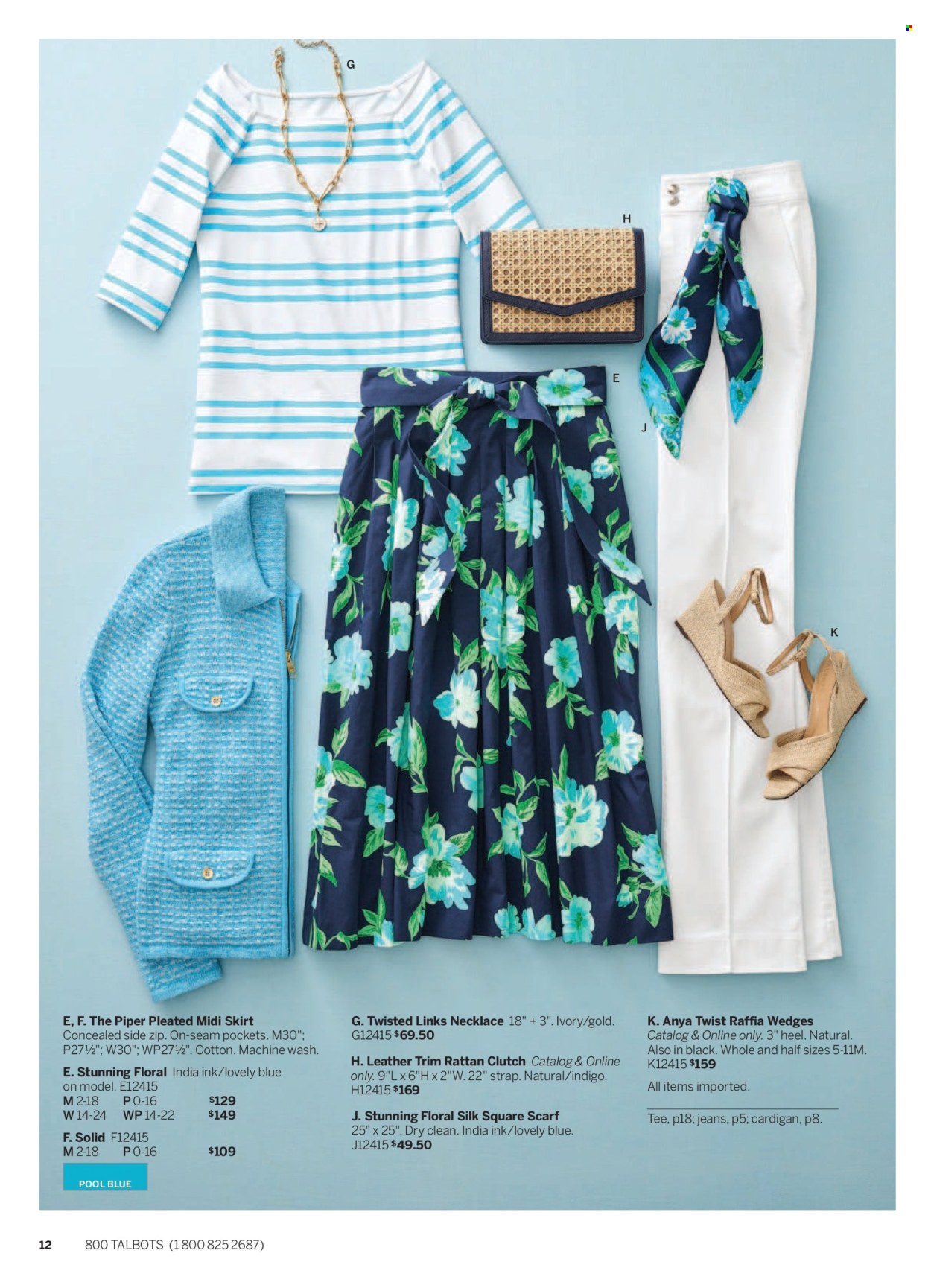 thumbnail - Talbots Flyer - 04/01/2024 - 04/30/2024 - Sales products - sandals, jeans, skirt, t-shirt, cardigan, scarf, bracelet, necklace. Page 12.