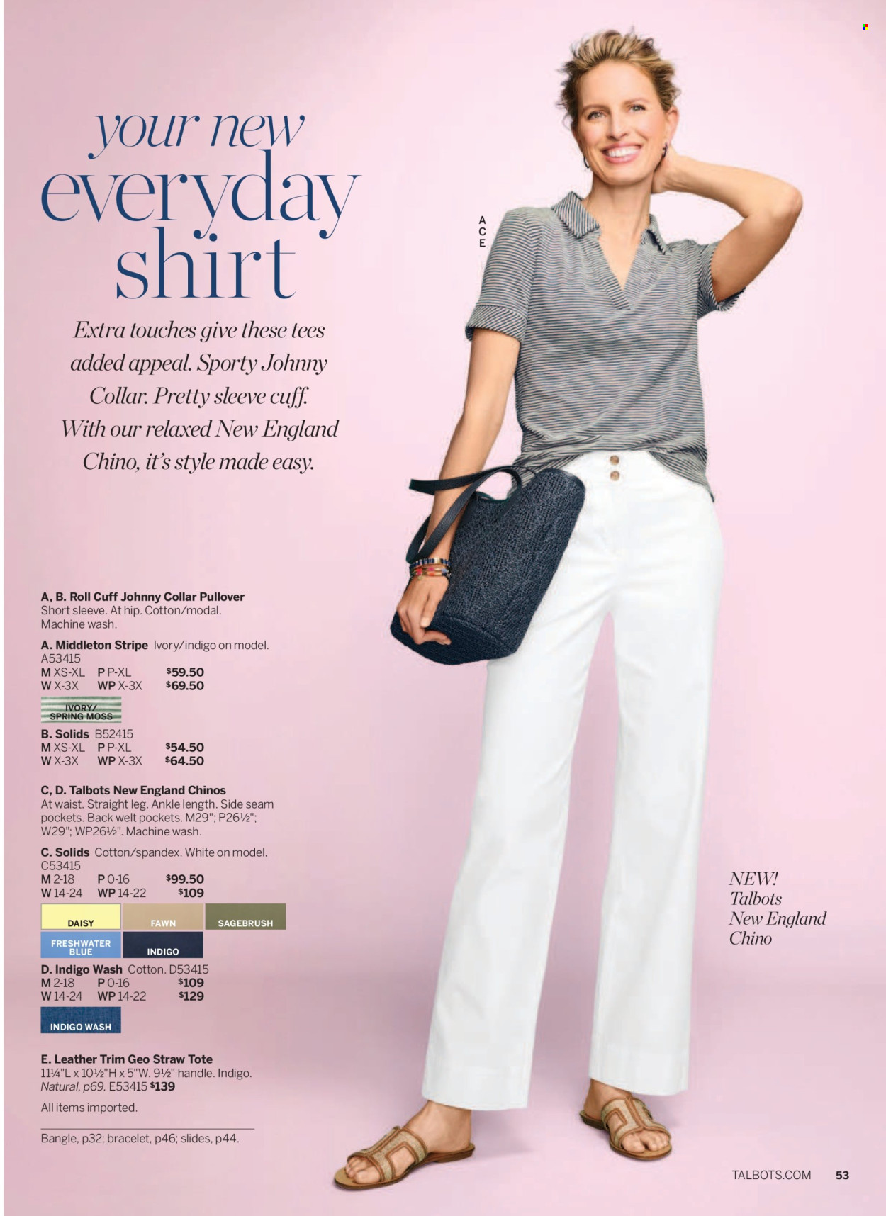 thumbnail - Talbots Flyer - 04/01/2024 - 04/30/2024 - Sales products - slides, trousers, shirt, t-shirt, pullover, tote, bracelet. Page 53.