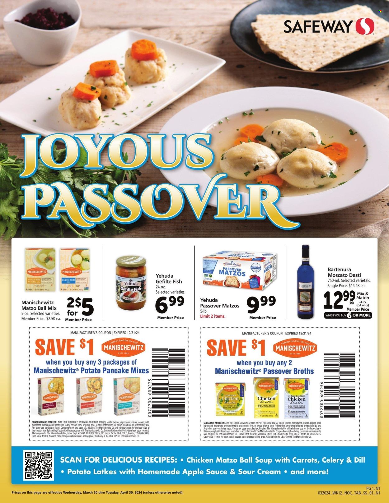 thumbnail - Safeway Flyer - 03/20/2024 - 04/30/2024 - Sales products - celery, soup mix, fish, chicken broth, broth, apple sauce, wine, Moscato, sauce. Page 1.