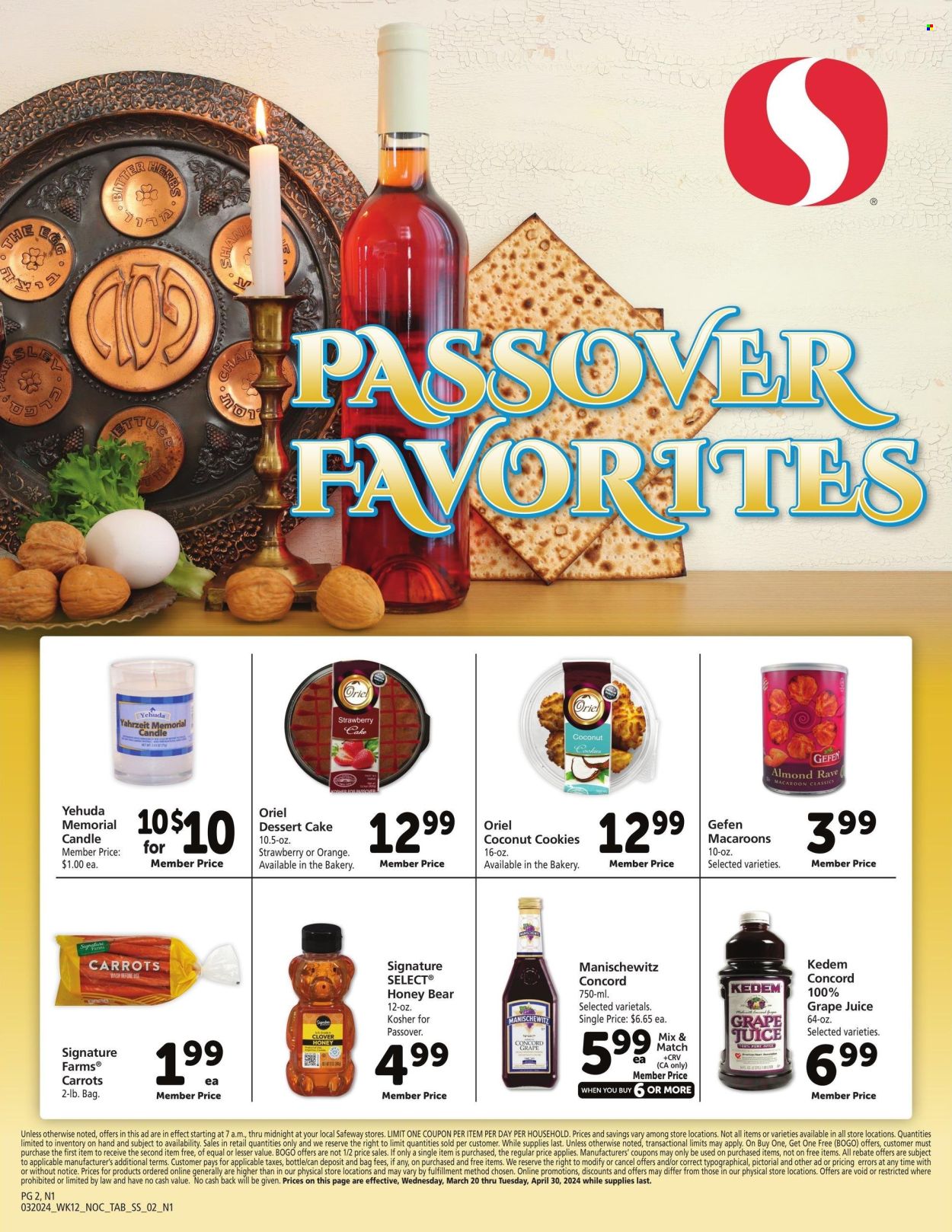 thumbnail - Safeway Flyer - 03/20/2024 - 04/30/2024 - Sales products - macaroons, dessert, carrots, eggs, cookies, coconut cookies, honey, juice, Kedem, candle. Page 2.