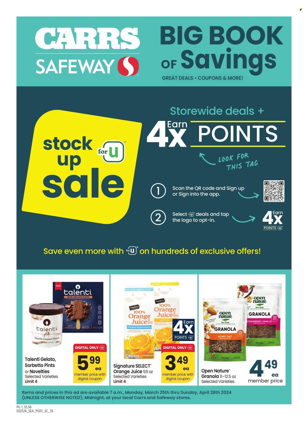 thumbnail - Safeway Flyer - 03/25/2024 - 04/28/2024 - Sales products - ice cream, Talenti Gelato, gelato, dark chocolate, granola, caramel, orange juice, juice, calcium, dietary supplement. Page 1.