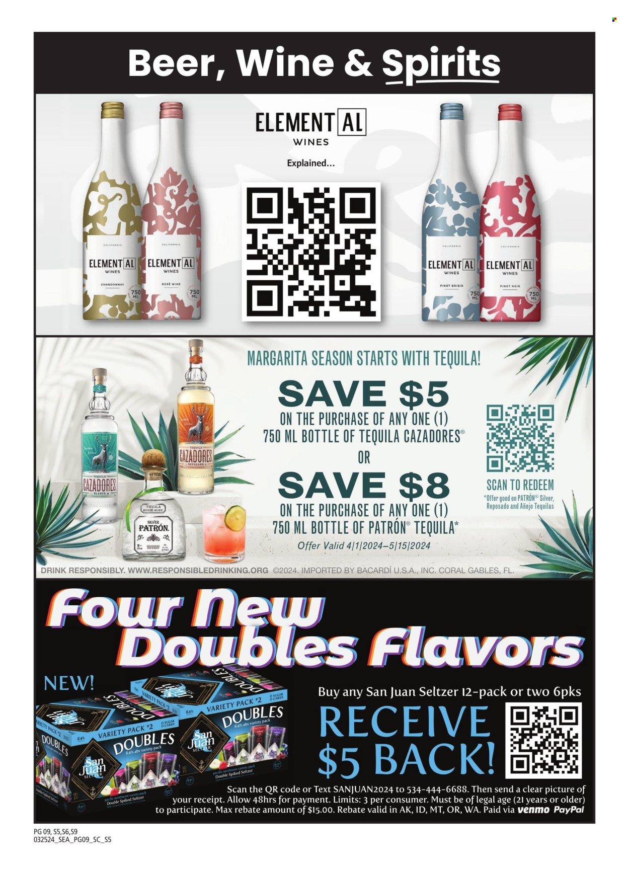 thumbnail - Safeway Flyer - 03/25/2024 - 04/28/2024 - Sales products - sugar, red wine, white wine, Chardonnay, wine, Pinot Noir, Pinot Grigio, rosé wine, Bacardi, tequila, beer. Page 9.