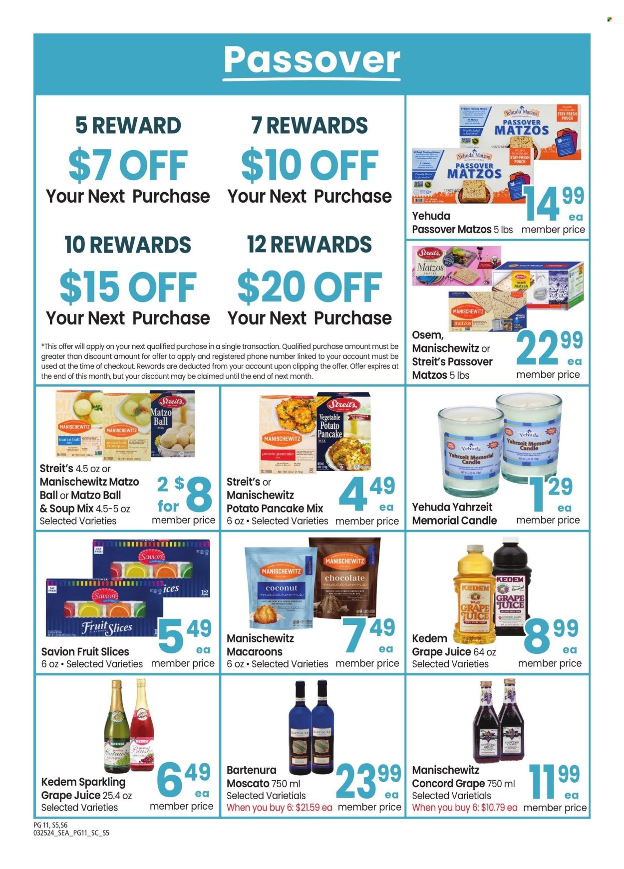 thumbnail - Safeway Flyer - 03/25/2024 - 04/28/2024 - Sales products - macaroons, soup mix, soup, chocolate, Savion, fruit slices, cocoa, juice, Kedem, wine, Moscato, candle. Page 11.