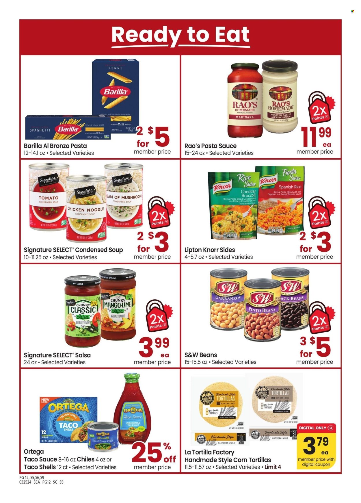 thumbnail - Safeway Flyer - 03/25/2024 - 04/28/2024 - Sales products - corn tortillas, tortillas, tacos, beans, bell peppers, spaghetti, pasta sauce, condensed soup, soup, Knorr, Barilla, Alfredo sauce, spaghetti sauce, ready meal, rice sides, cheese, tomato sauce, pinto beans, canned vegetables, penne, taco sauce, salsa, Lipton, sauce. Page 12.