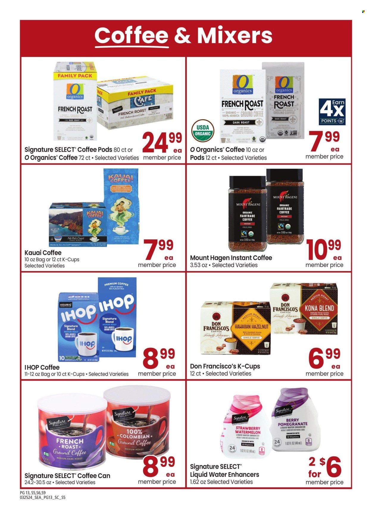 thumbnail - Safeway Flyer - 03/25/2024 - 04/28/2024 - Sales products - brewer, caramel, syrup, coffee pods, instant coffee, ground coffee, coffee capsules, K-Cups, Keurig, dietary supplement, vitamins. Page 13.