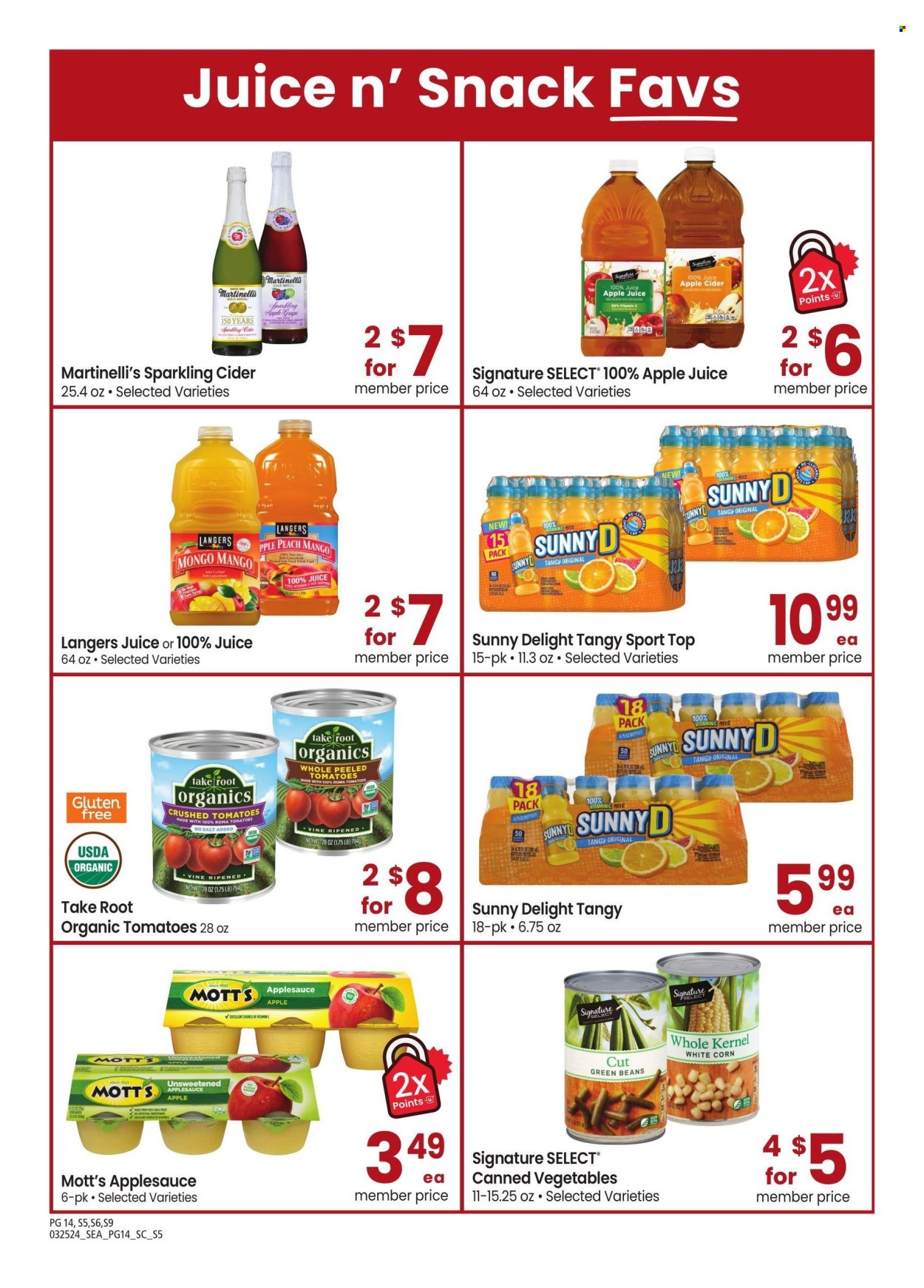 thumbnail - Safeway Flyer - 03/25/2024 - 04/28/2024 - Sales products - beans, corn, green beans, tomatoes, Mott's, crushed tomatoes, canned vegetables, peeled tomatoes, apple sauce, apple juice, juice, fruit drink, Sunny D, sparkling cider, sparkling wine, alcohol, apple cider, cider, vitamin c, sauce. Page 14.