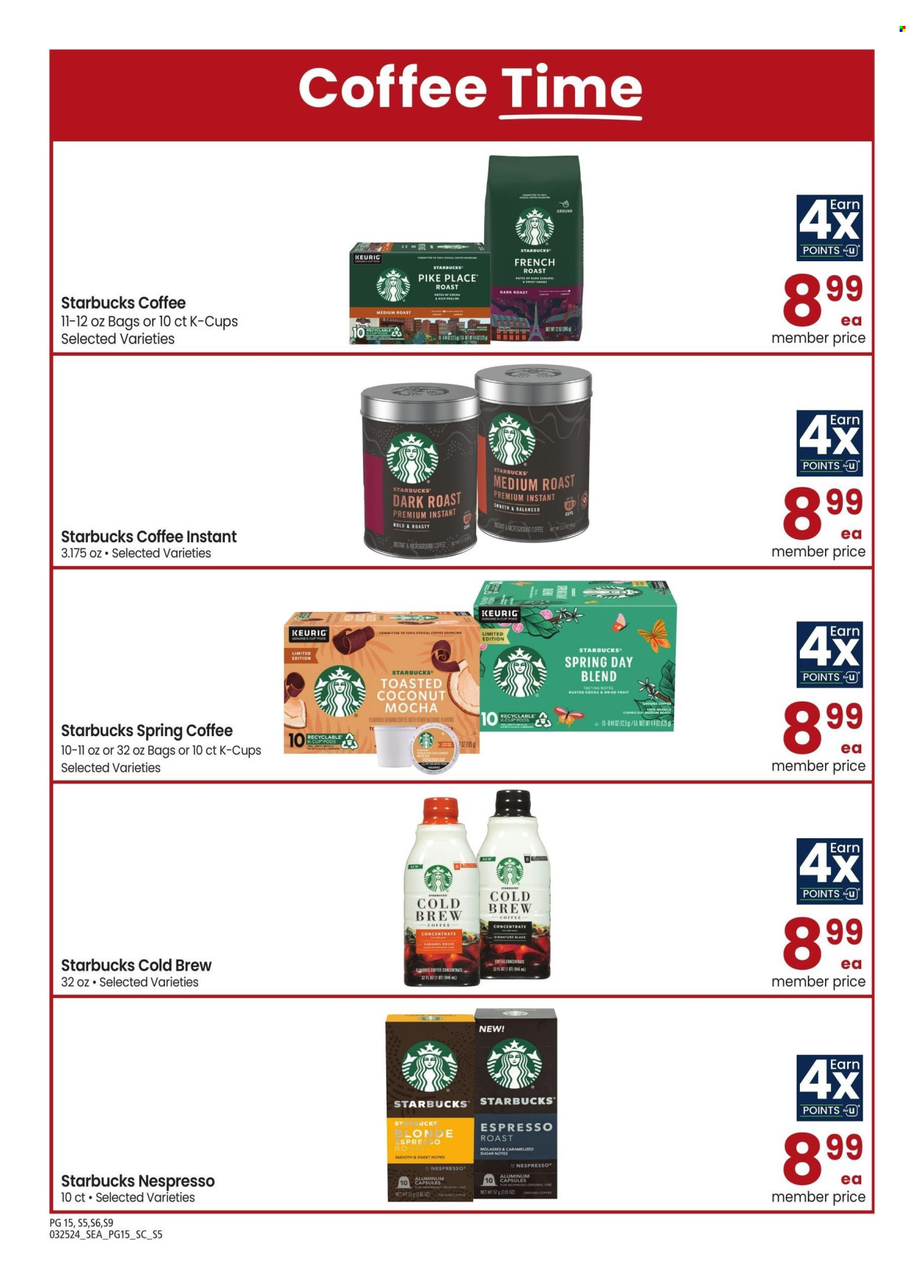 thumbnail - Safeway Flyer - 03/25/2024 - 04/28/2024 - Sales products - sugar, caramel, molasses, dried fruit, iced coffee, coffee drink, Starbucks, Nespresso, ground coffee, coffee capsules, K-Cups, Keurig. Page 15.