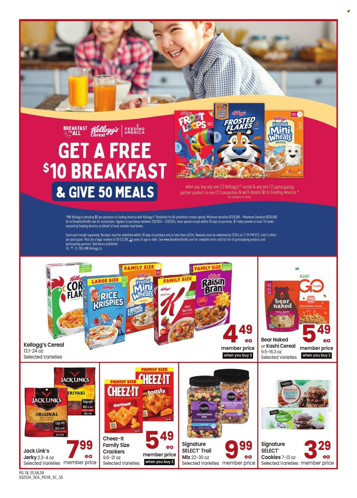 thumbnail - Safeway Flyer - 03/25/2024 - 04/28/2024 - Sales products - beef jerky, jerky, cookies, fudge, crackers, Kellogg's, Cheez-It, Jack Link's, salty snack, cereals, Rice Krispies, Frosted Flakes, Raisin Bran, mint, caramel, coconut, mixed nuts, trail mix. Page 18.