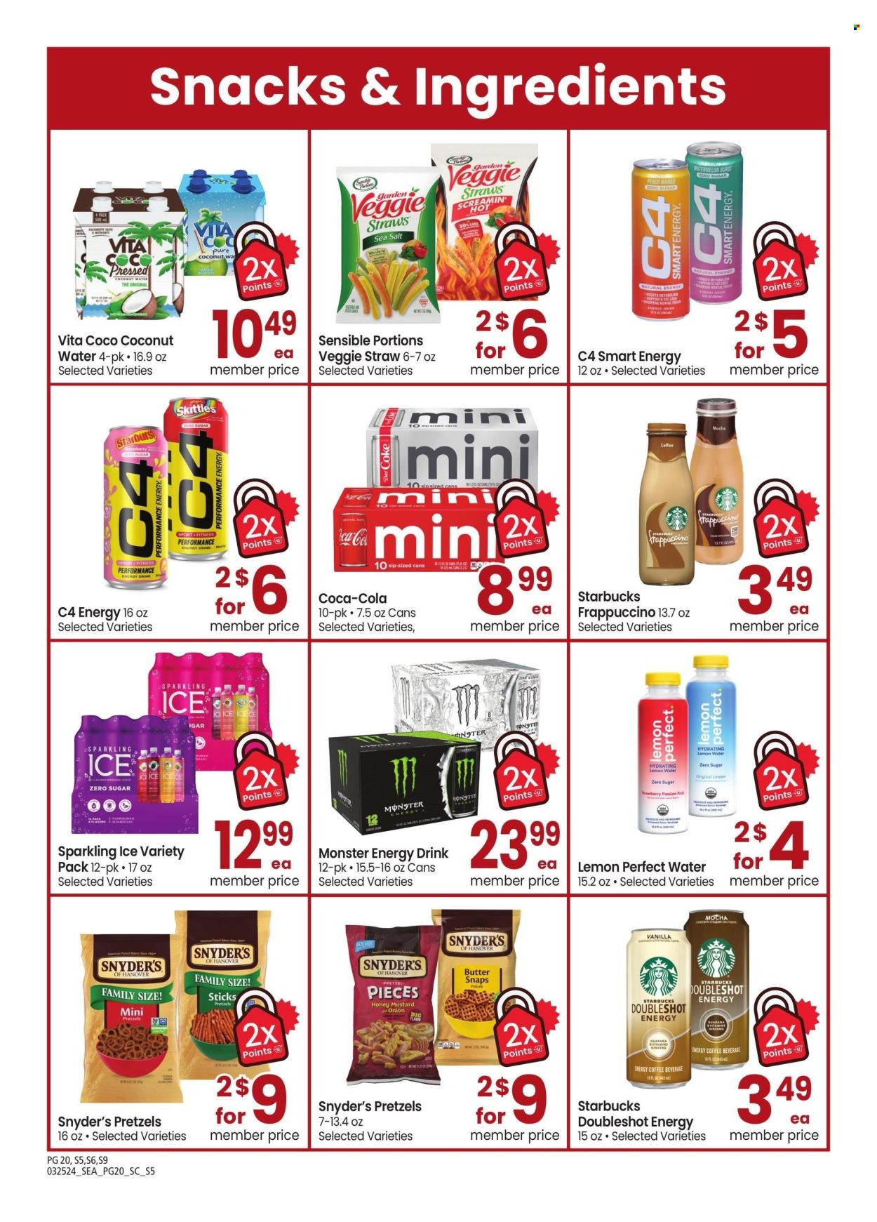 thumbnail - Safeway Flyer - 03/25/2024 - 04/28/2024 - Sales products - pretzels, passion fruit, snack, butter, Skittles, Starburst, veggie straws, salty snack, mustard, honey mustard, Coca-Cola, energy drink, Monster, soft drink, Monster Energy, Coke, flavored water, sparkling water, carbonated soft drink, coffee drink, Starbucks, frappuccino, ginseng, dietary supplement, vitamins. Page 20.