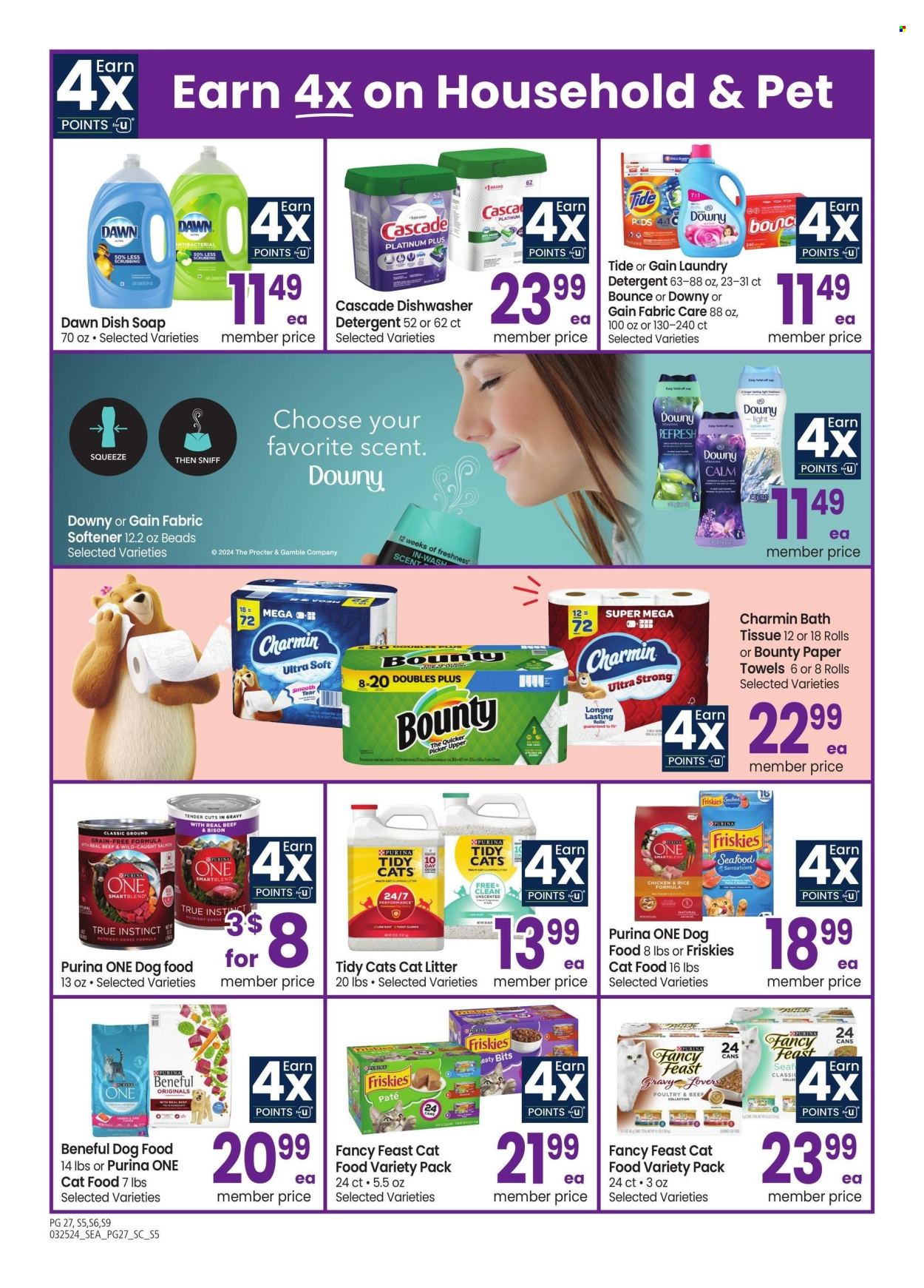 thumbnail - Safeway Flyer - 03/25/2024 - 04/28/2024 - Sales products - Bounty, bath tissue, kitchen towels, paper towels, Charmin, detergent, Gain, Cascade, Tide, fabric softener, Downy Laundry, dishwashing liquid, dishwasher cleaner, dishwasher tablets, animal food, cat food, dog food, Purina, Fancy Feast, Friskies. Page 27.