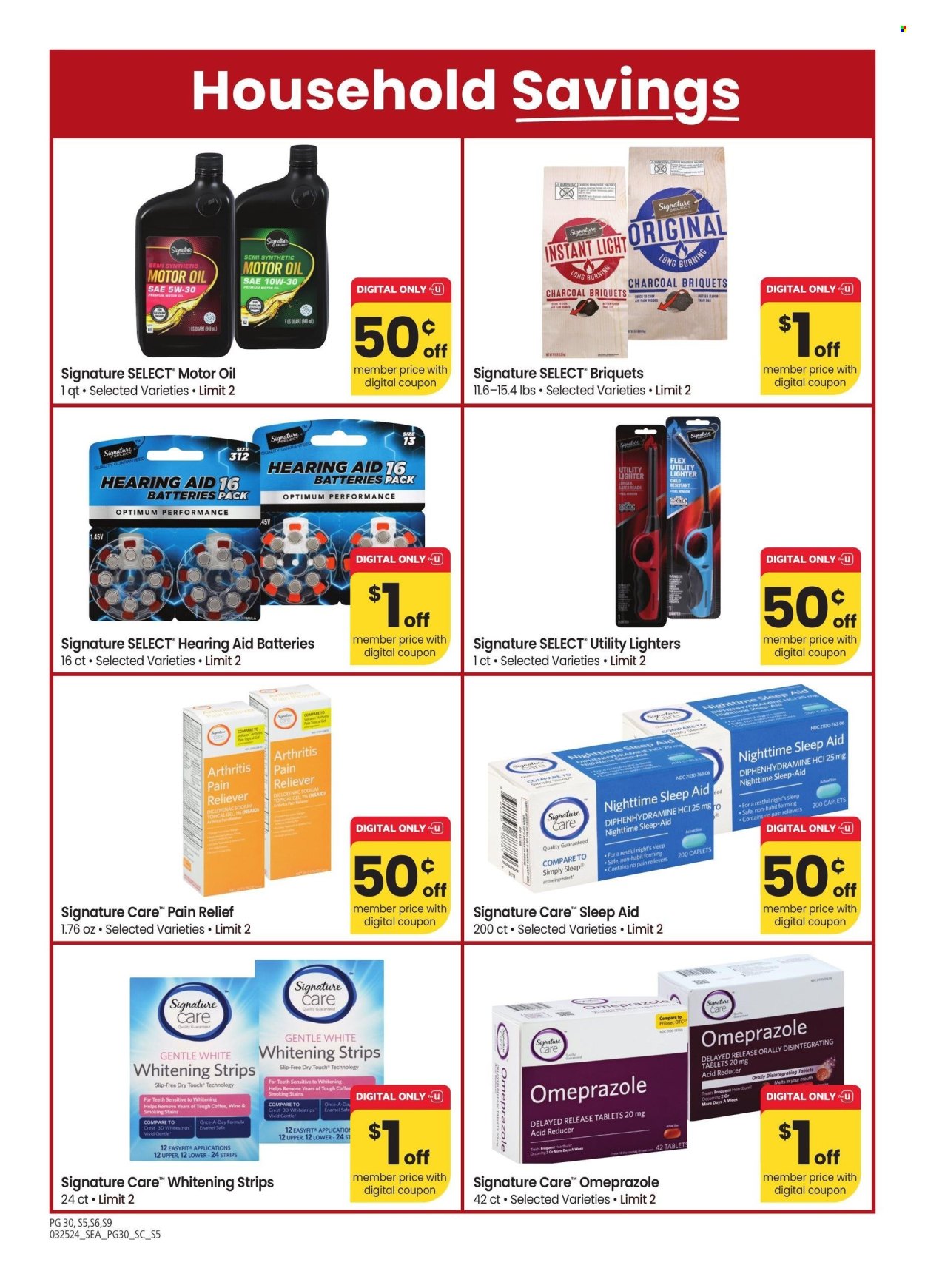 thumbnail - Safeway Flyer - 03/25/2024 - 04/28/2024 - Sales products - coffee, wine, alcohol, Crest, teeth whitening, battery, Optimum, briquettes, charcoal, pain relief, sleep aid product, hearing aid. Page 30.