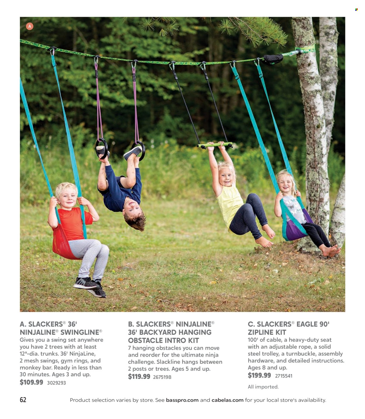 thumbnail - Bass Pro Shops Flyer - Sales products - trolley, monkey, swing set, rope. Page 62.