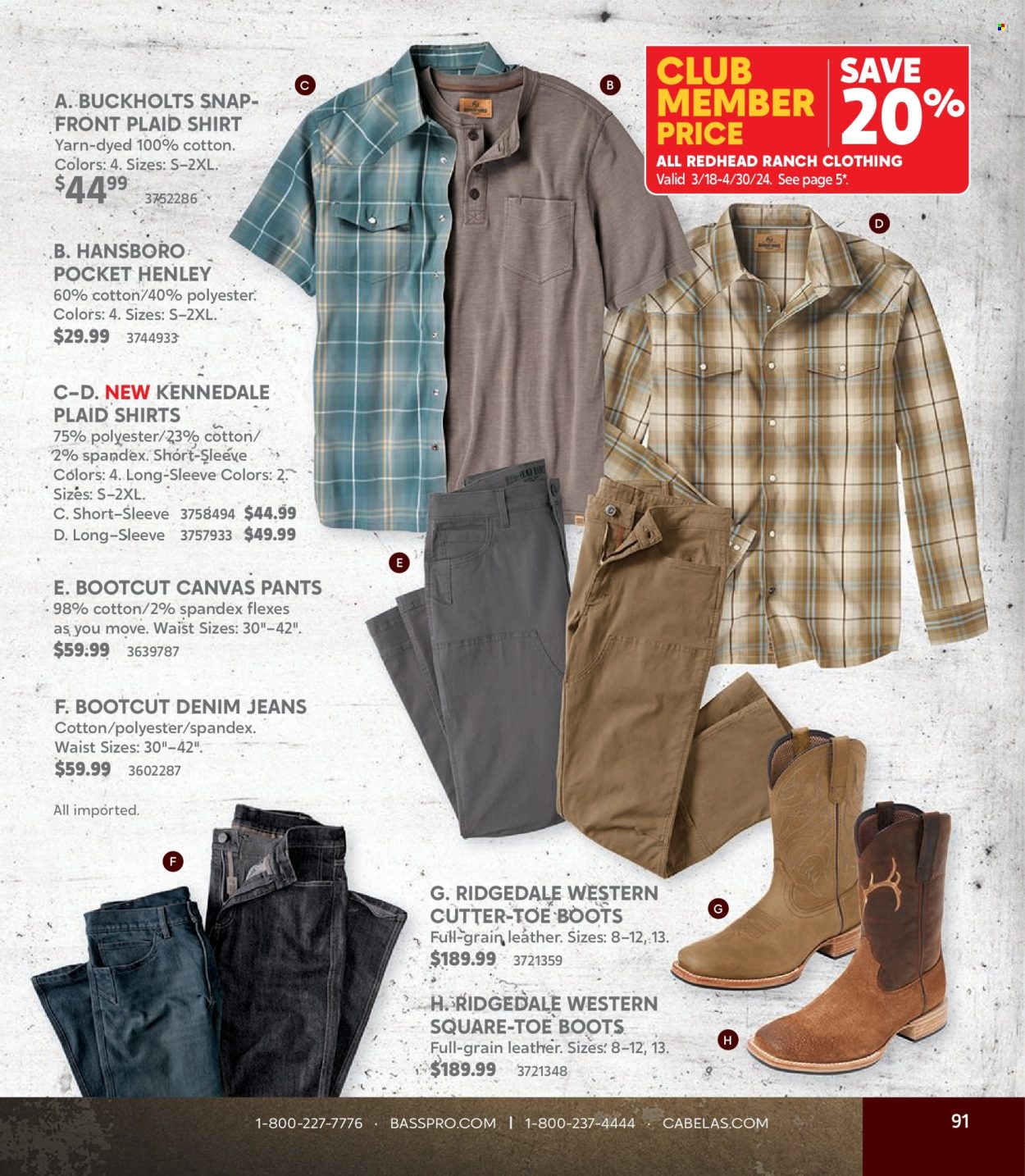 thumbnail - Bass Pro Shops Flyer - Sales products - boots, Denim, jeans, pants, shirt, cutter. Page 91.