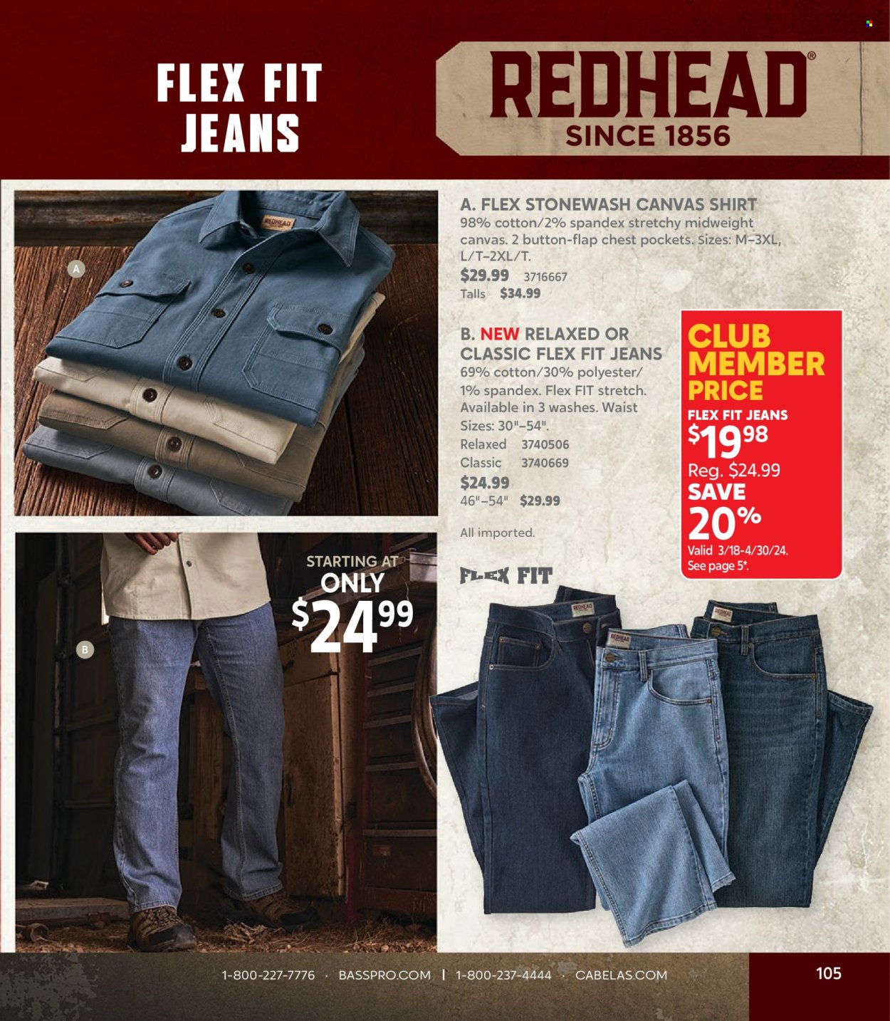 thumbnail - Bass Pro Shops Flyer - Sales products - jeans, shirt. Page 105.