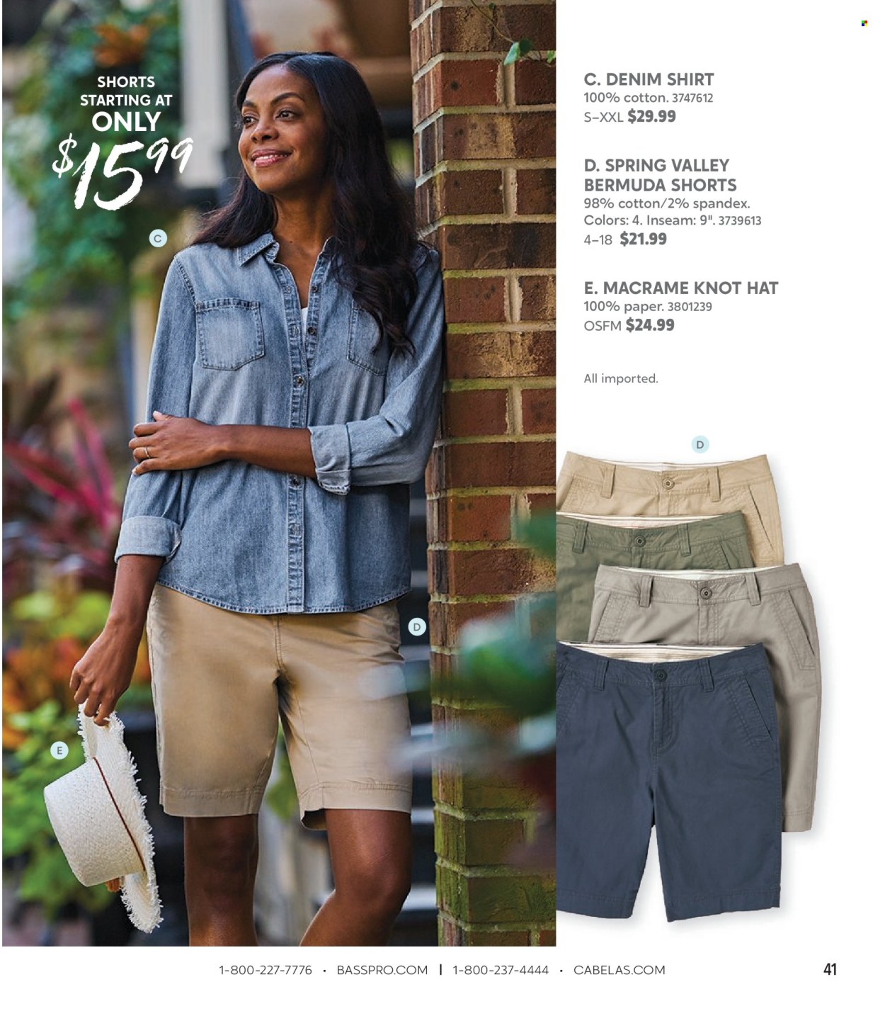 thumbnail - Cabela's Flyer - Sales products - Denim, shorts, shirt, hat. Page 41.