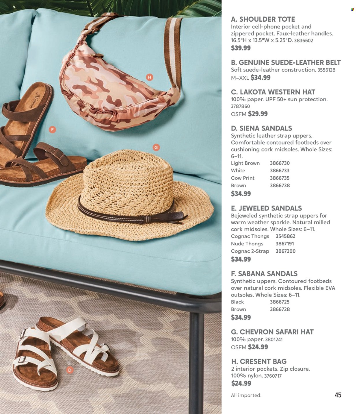 thumbnail - Cabela's Flyer - Sales products - sandals, hat, bag, tote, belt, strap. Page 45.