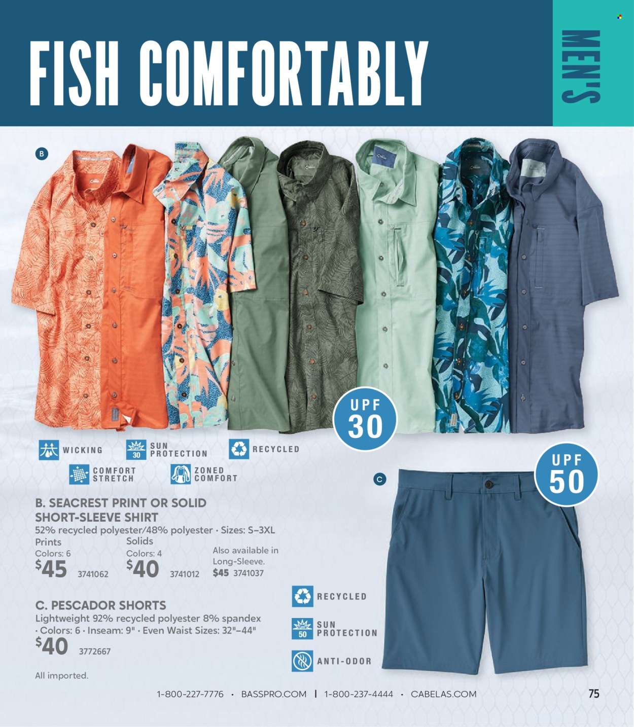 thumbnail - Cabela's Flyer - Sales products - fish, shorts, shirt. Page 75.