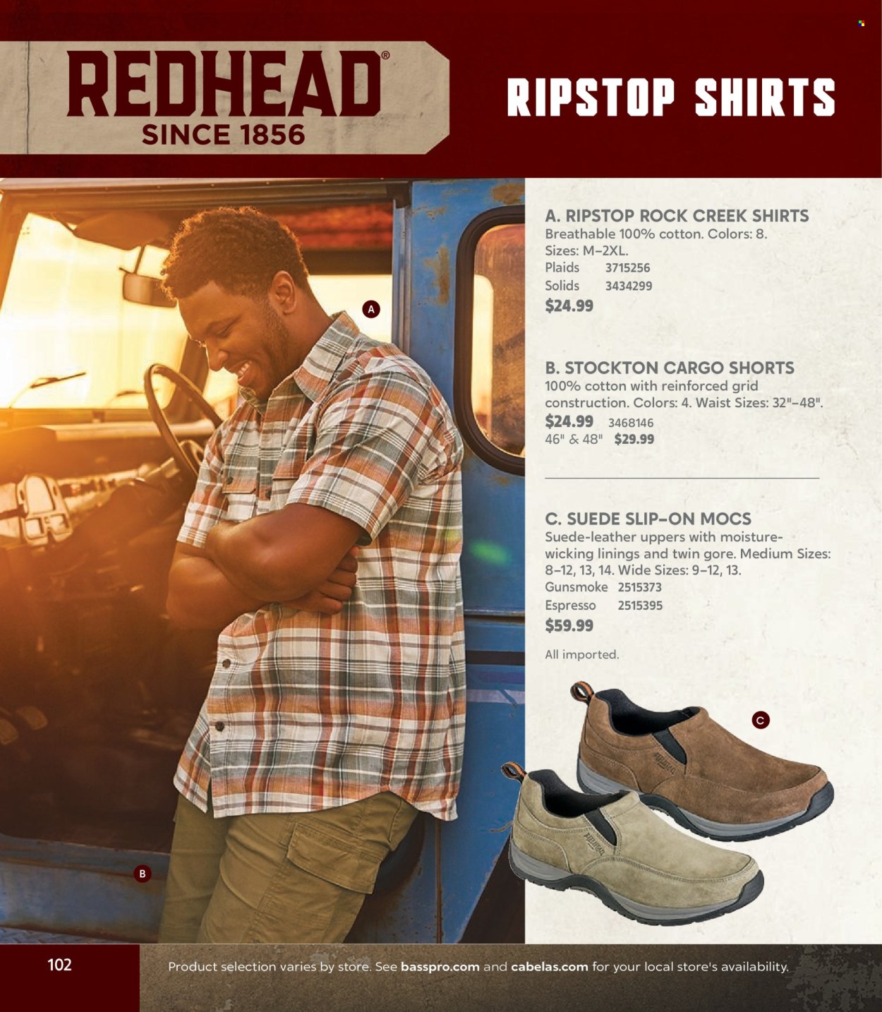 thumbnail - Cabela's Flyer - Sales products - mocs, slip-on shoes, shorts, shirt. Page 102.
