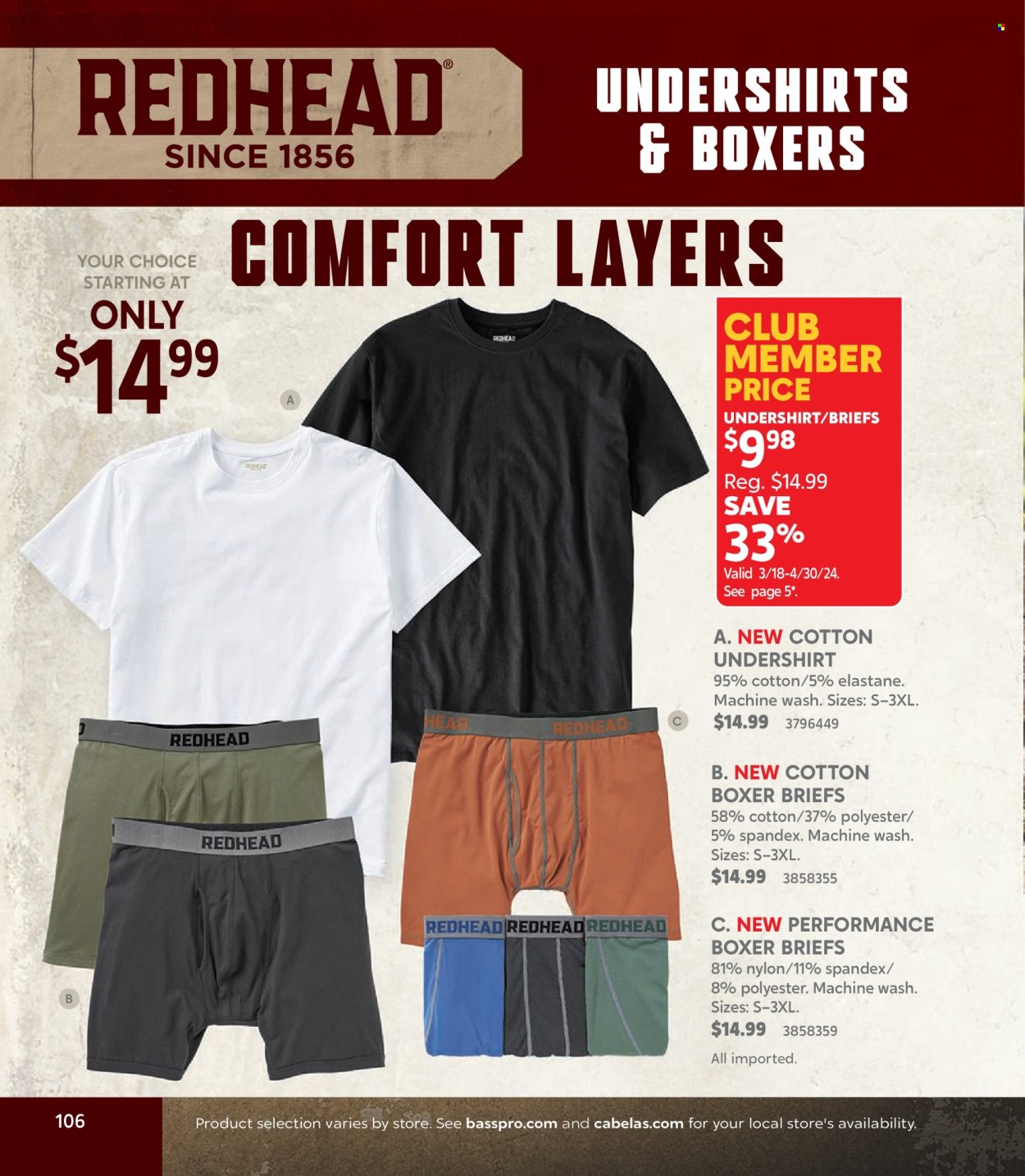thumbnail - Cabela's Flyer - Sales products - briefs, boxer shorts, undershirt. Page 106.
