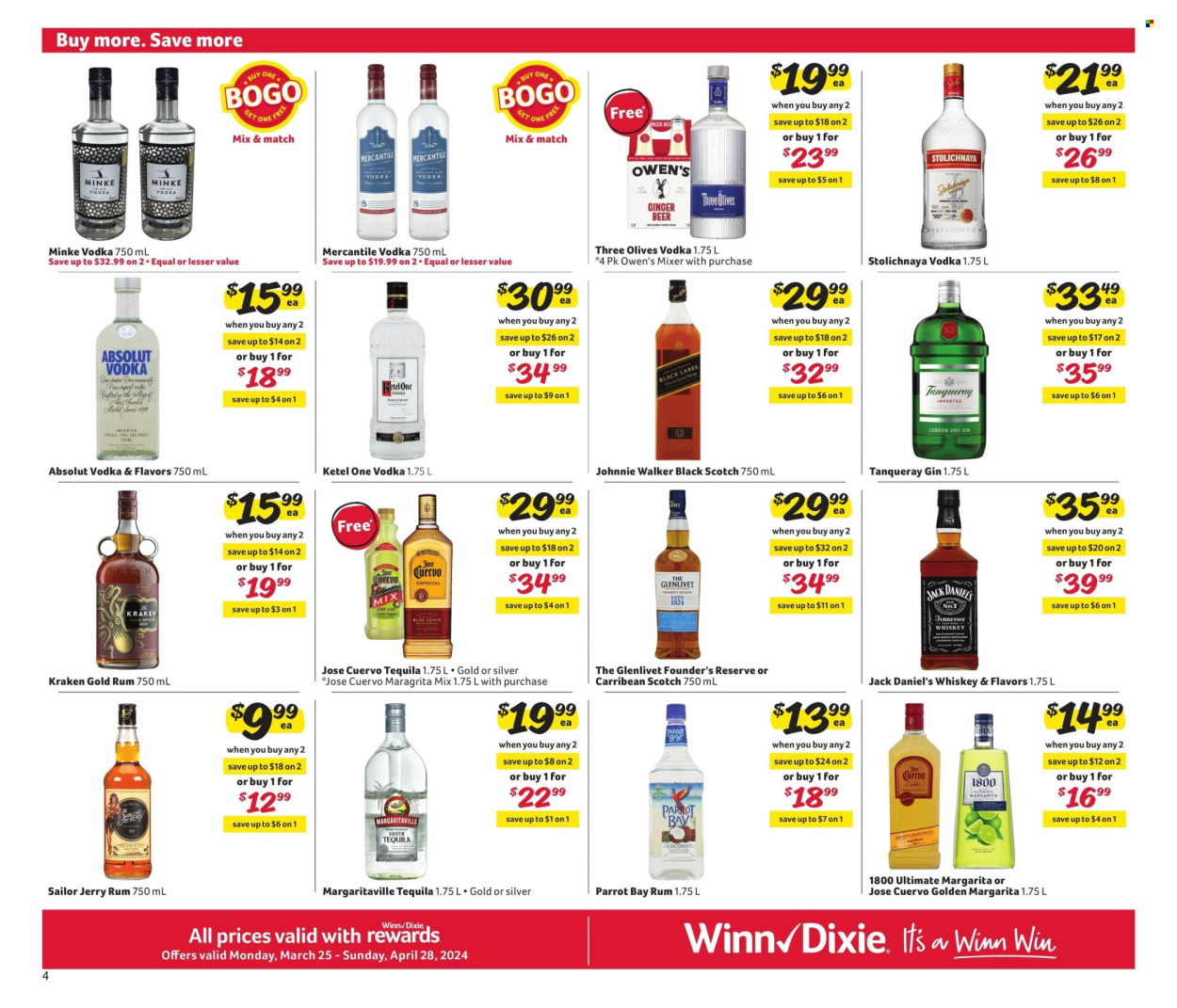 thumbnail - Winn Dixie Flyer - 03/25/2024 - 04/28/2024 - Sales products - alcohol, vodka, rum, tequila, Jack Daniel's, whiskey, Absolut, Johnnie Walker, gin. Page 4.