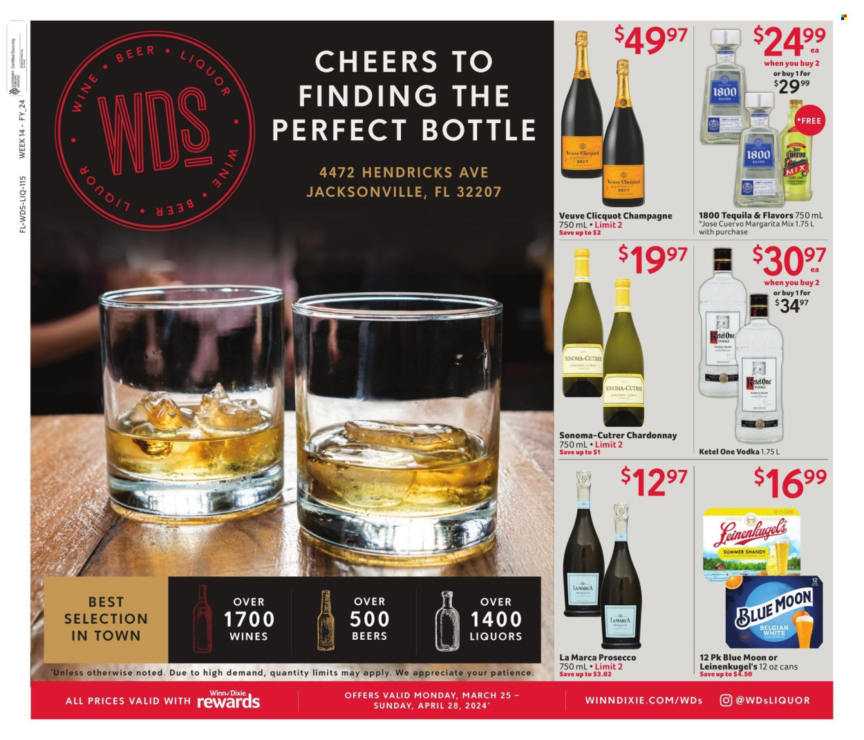 thumbnail - Winn Dixie Flyer - 03/25/2024 - 04/28/2024 - Sales products - sparkling wine, prosecco, alcohol, tequila, champagne, Veuve Clicquot, vodka, white wine, Chardonnay, wine, beer, Leinenkugel's, Blue Moon. Page 1.