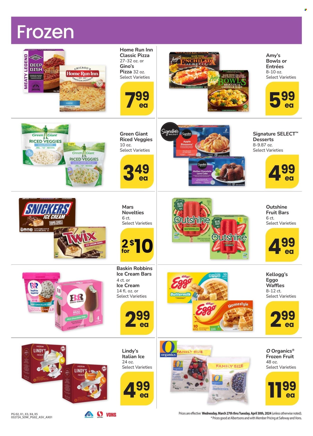 thumbnail - Albertsons Flyer - 03/27/2024 - 04/30/2024 - Sales products - pizza, ready meal, dessert, ice cream bars, fruit bar, ice cream, Mars, frozen fruit, waffles, Kellogg's. Page 2.