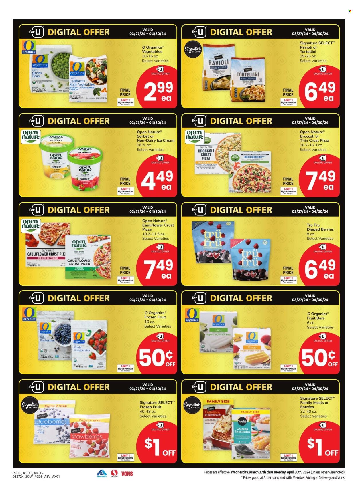 thumbnail - Albertsons Flyer - 03/27/2024 - 04/30/2024 - Sales products - ice cream, sorbet, frozen fruit, broccoli, pizza, snack bar, fruit bar, bars, ready meal, ravioli, tortellini. Page 3.