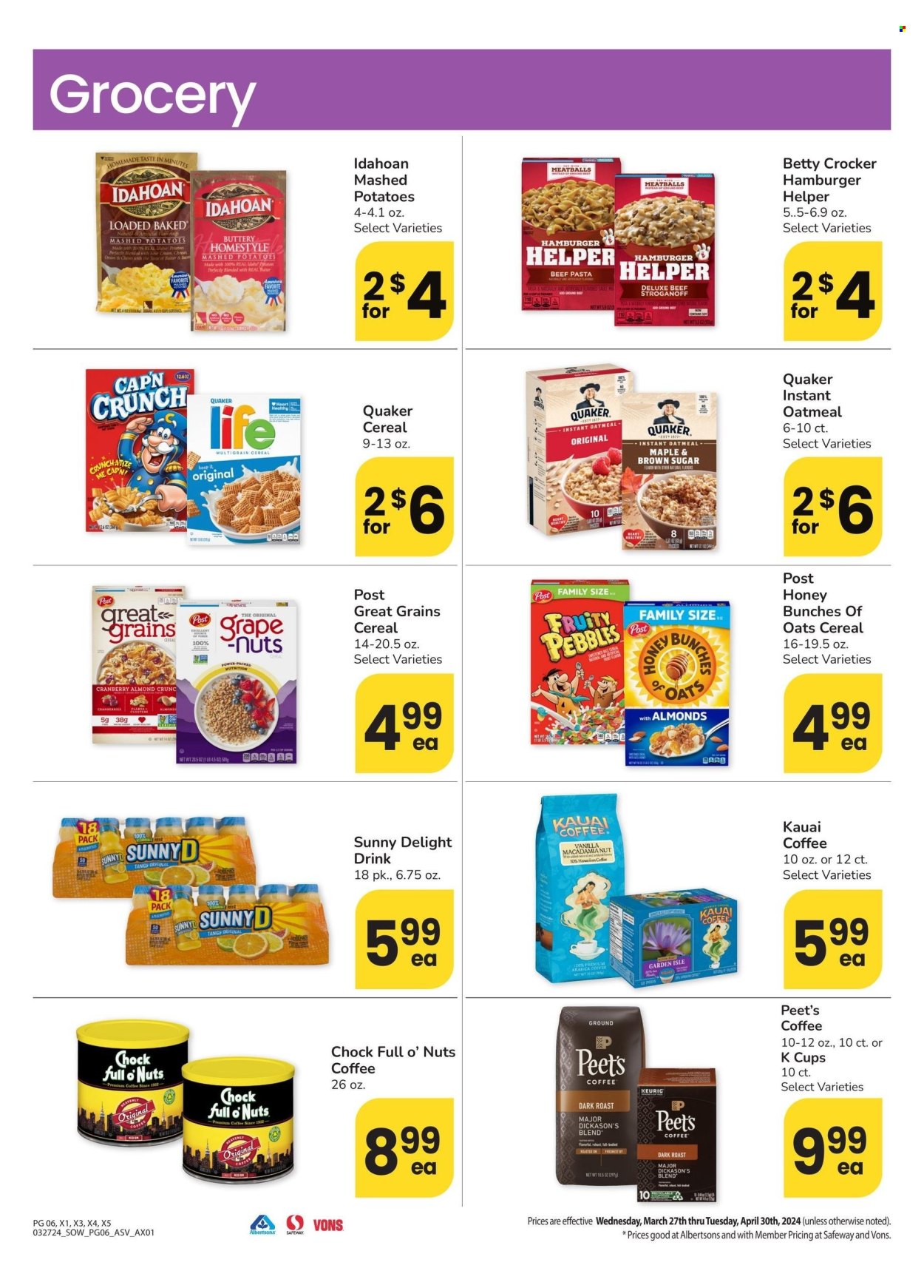 thumbnail - Albertsons Flyer - 03/27/2024 - 04/30/2024 - Sales products - Quaker, oatmeal, ready meal, cereals, mashed potatoes, fruit drink, coffee, coffee capsules, K-Cups, cup. Page 6.
