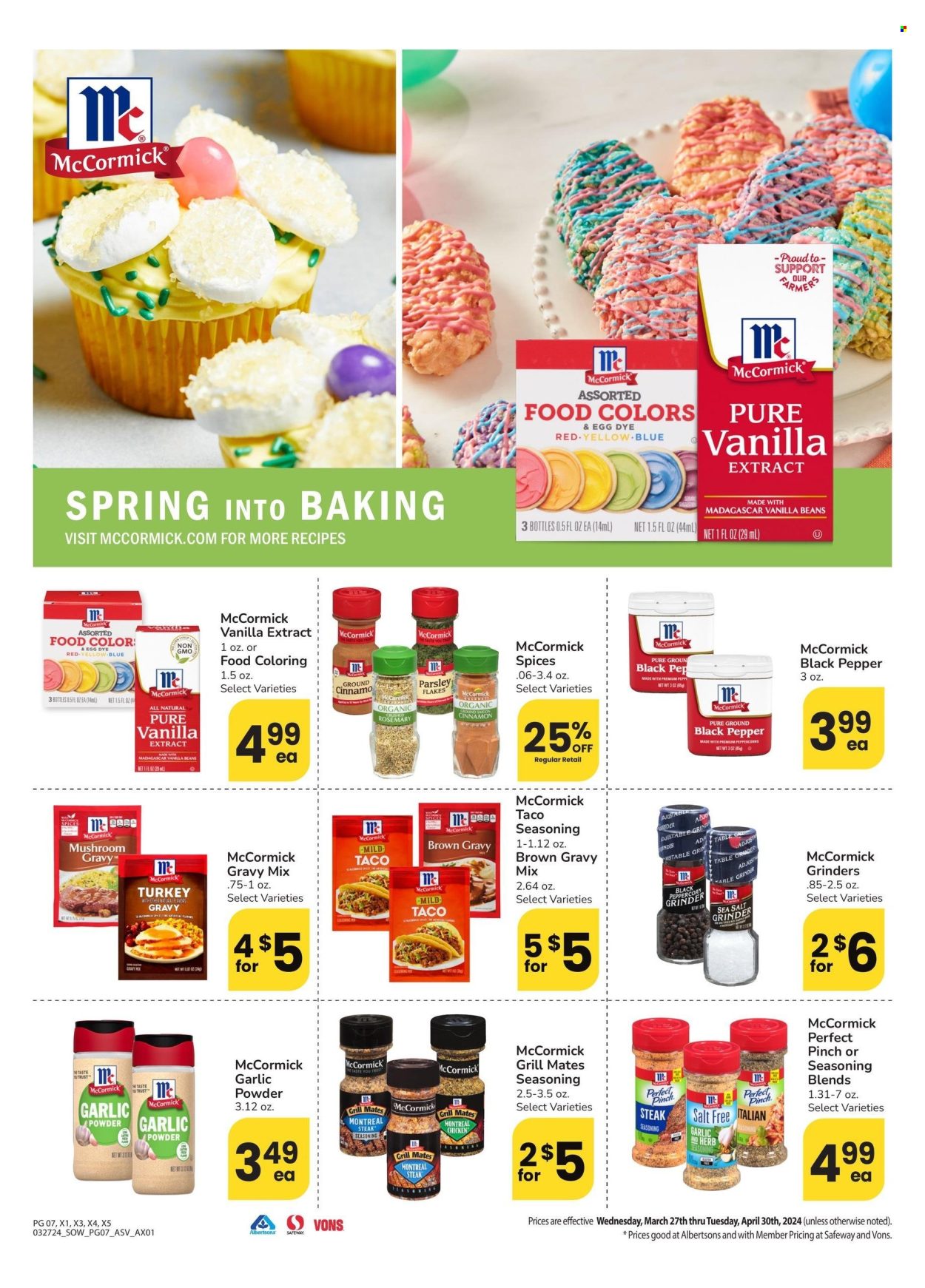 thumbnail - Albertsons Flyer - 03/27/2024 - 04/30/2024 - Sales products - baking accessories, vanilla extract, gravy mix, spice, garlic powder, black pepper. Page 7.