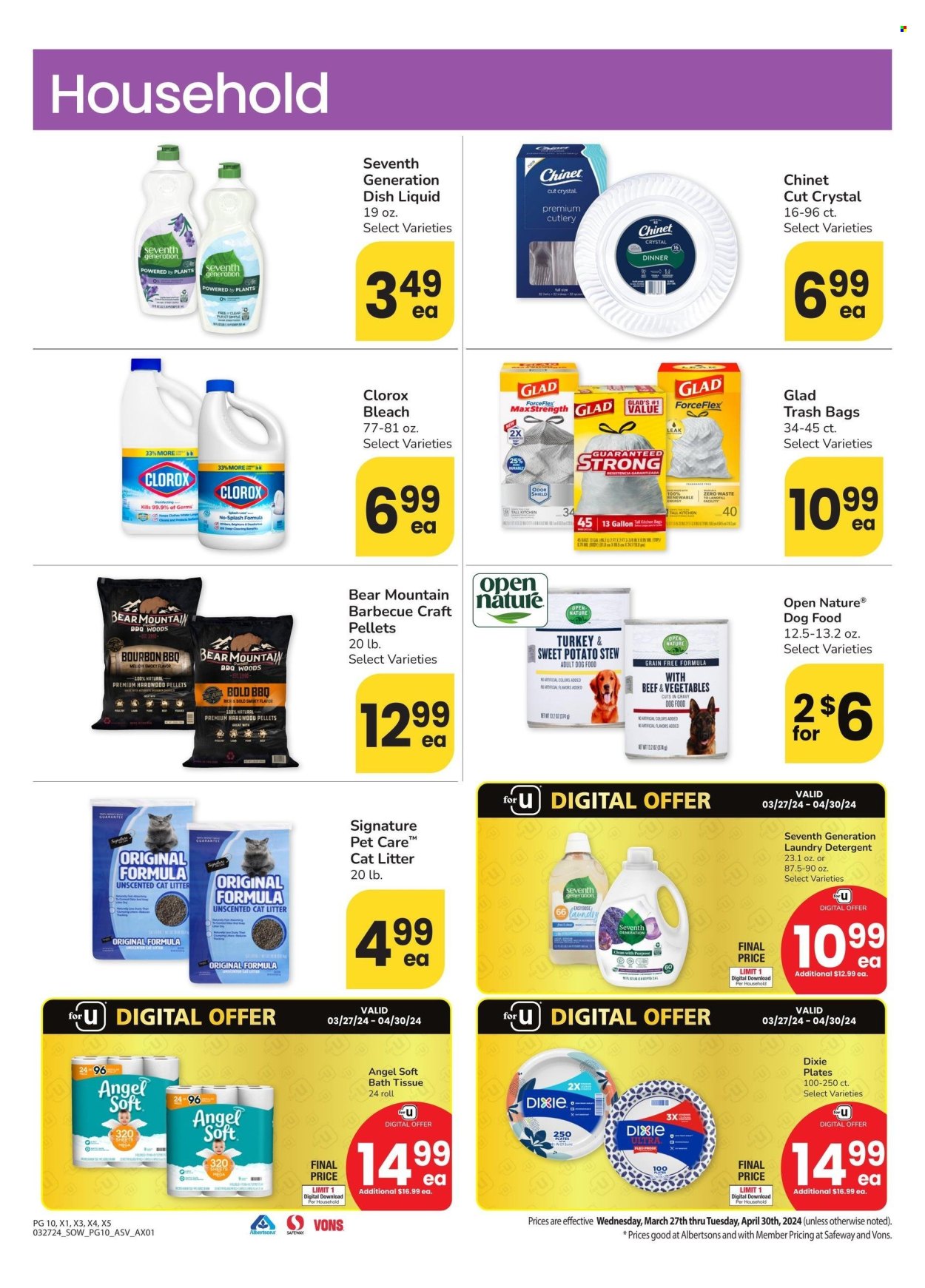 thumbnail - Albertsons Flyer - 03/27/2024 - 04/30/2024 - Sales products - dishwashing liquid, bath tissue, cat litter, bleach, Clorox, bag, trash bags, animal food, dog food, plate, paper plate, Dixie, detergent, laundry detergent. Page 10.