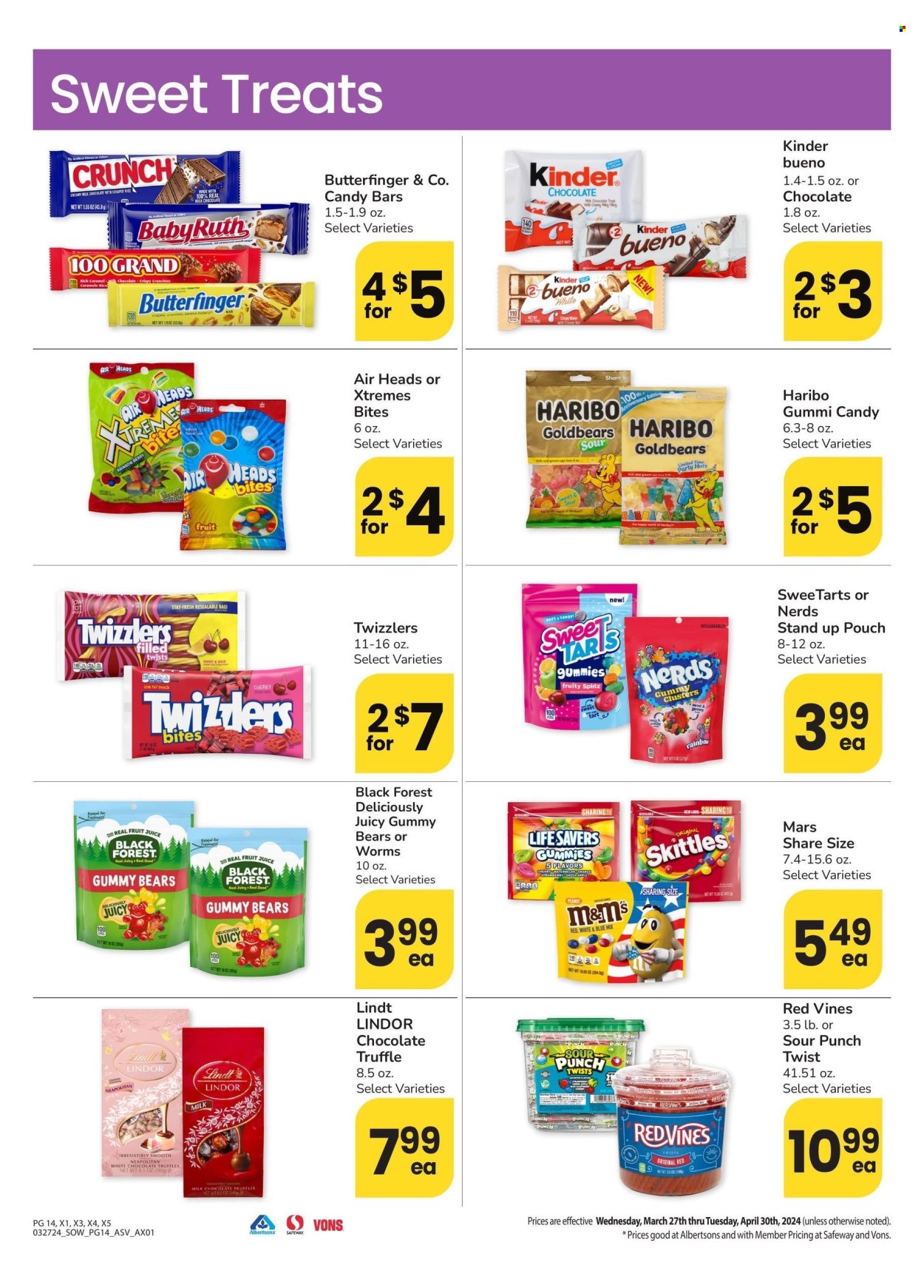 thumbnail - Albertsons Flyer - 03/27/2024 - 04/30/2024 - Sales products - Kinder Bueno, Haribo, Candy, Red Vines, sweets, chocolate, Lindt, Lindor, truffles, Mars, jelly candy, gummies, candy bar, bars. Page 14.